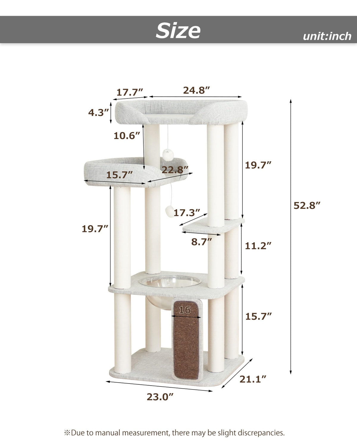 Cat Tree Tower Wooden 37.4''(95 cm), Large Cat Tree with Jump Platform &amp; Play Ball for Indoor Cats, Ideal Cat's Climbing Frame &amp; Playhouse (Linen Fabric Light Grey)