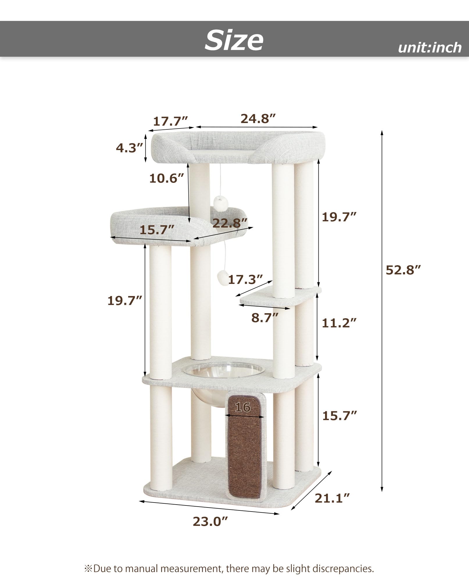 Cat Tree Tower Wooden 37.4''(95 cm), Large Cat Tree with Jump Platform &amp; Play Ball for Indoor Cats, Ideal Cat's Climbing Frame &amp; Playhouse (Linen Fabric Light Grey)
