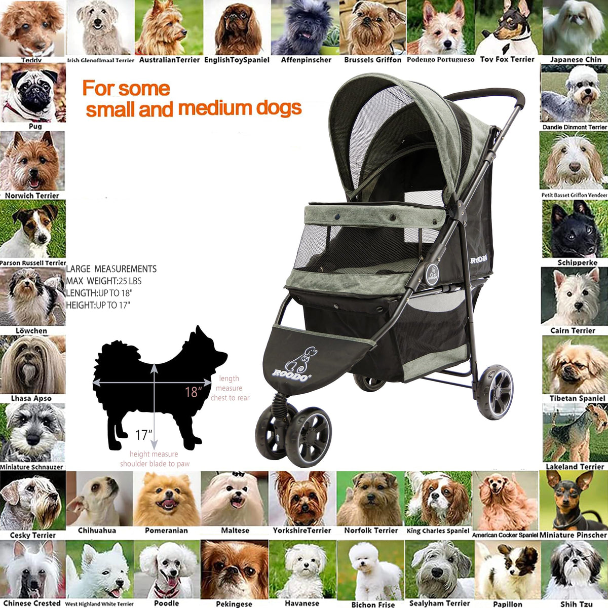 ROODO 3 Wheel Dog Pet Cat Stroller Best Lightweight Foldable Compact Portable Jogger All Terrain Travel Pet Gear Puppy Kitty Stroller for up to 30lbs Medium Small Dogs and Cats(Light Khaki)