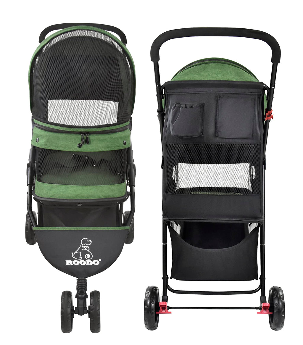ROODO 3 Wheel Dog Pet Cat Stroller Best Lightweight Foldable Compact Portable Jogger All Terrain Travel Pet Gear Puppy Kitty Stroller for up to 30lbs Medium Small Dogs and Cats(Light Khaki)
