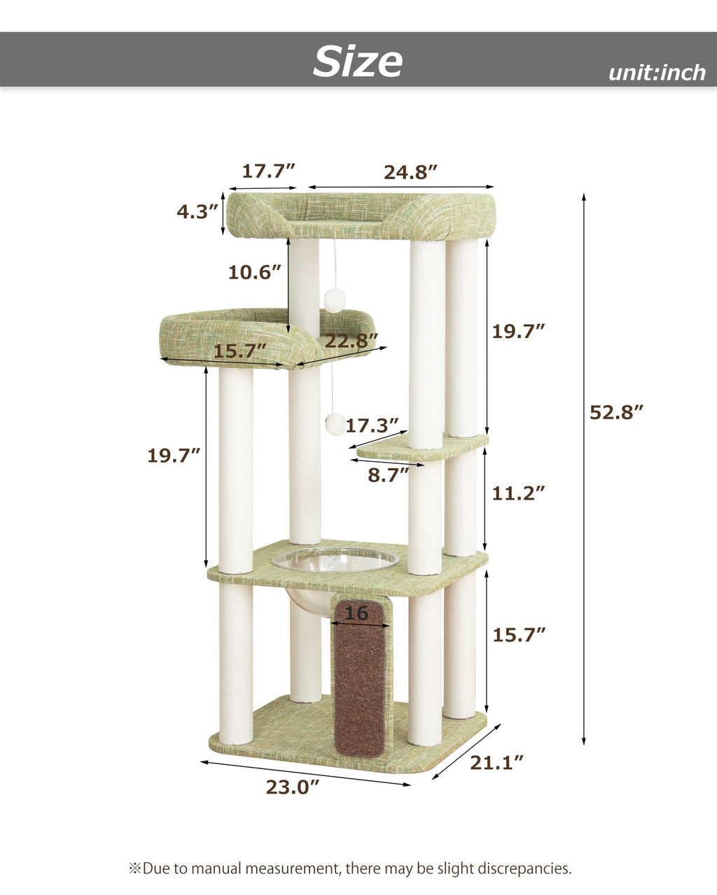 Cat Tree Tower Wooden 37.4''(95 cm), Large Cat Tree with Jump Platform &amp; Play Ball for Indoor Cats, Ideal Cat's Climbing Frame &amp; Playhouse (Linen Fabric Light Grey)