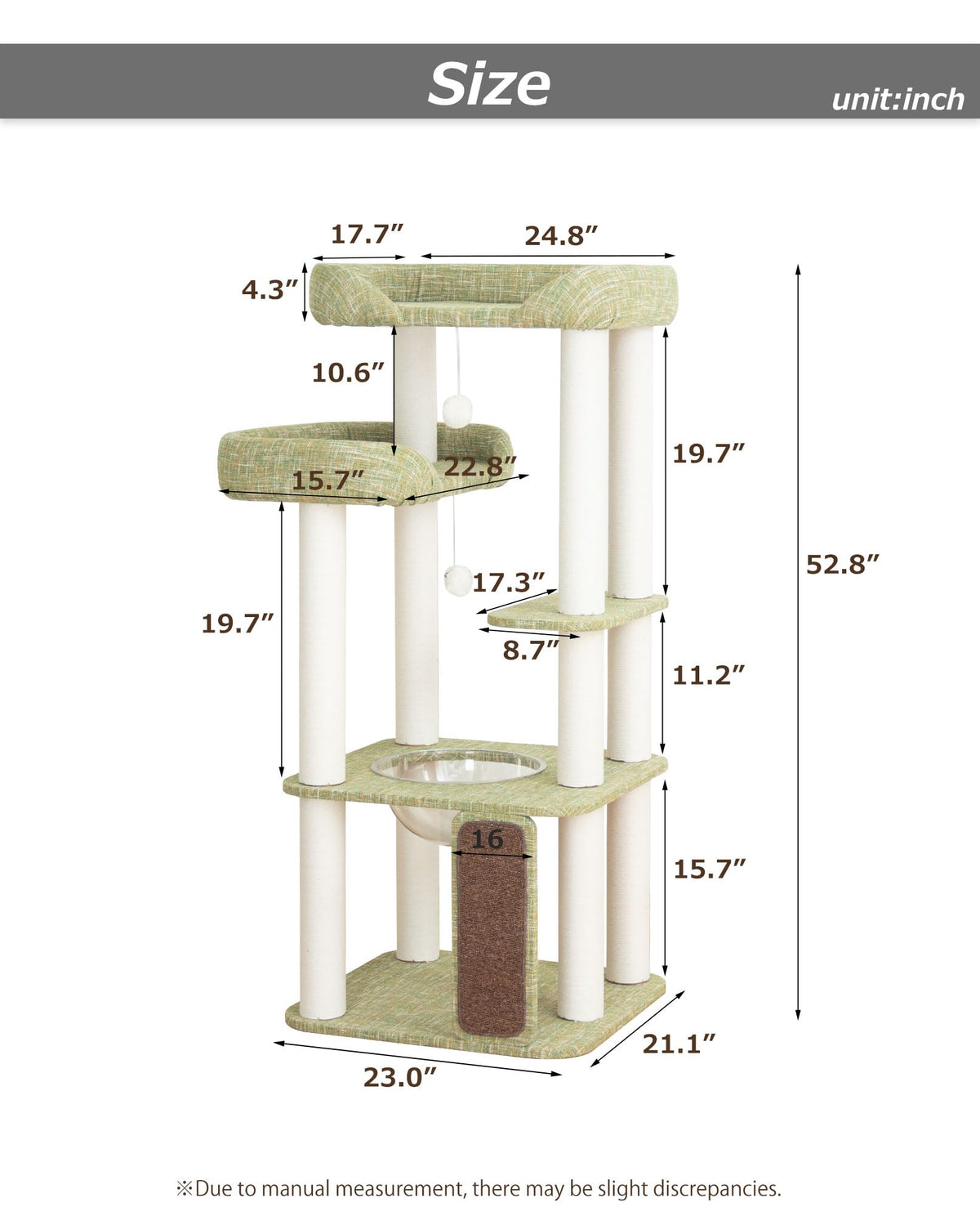 Cat Tree Tower Wooden 37.4''(95 cm), Large Cat Tree with Jump Platform &amp; Play Ball for Indoor Cats, Ideal Cat's Climbing Frame &amp; Playhouse (Linen Fabric Light Grey)