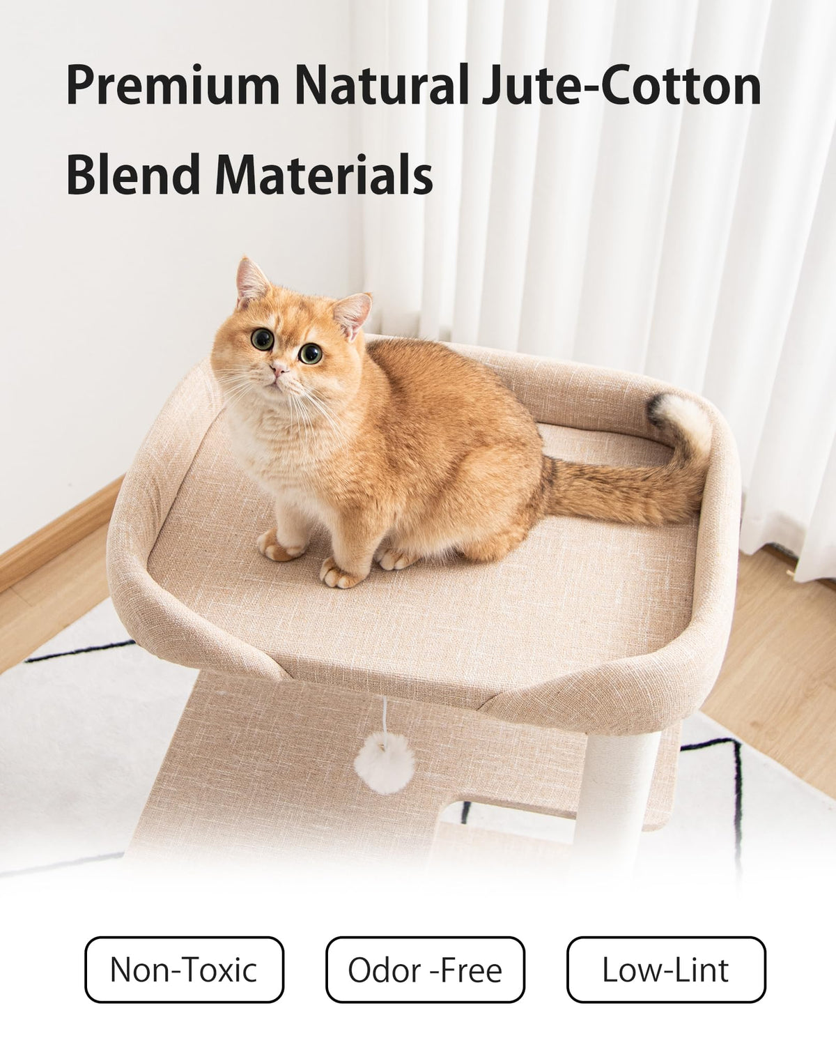 Cat Tree Tower Wooden 37.4''(95 cm), Large Cat Tree with Jump Platform &amp; Play Ball for Indoor Cats, Ideal Cat's Climbing Frame &amp; Playhouse (Linen Fabric Light Grey)