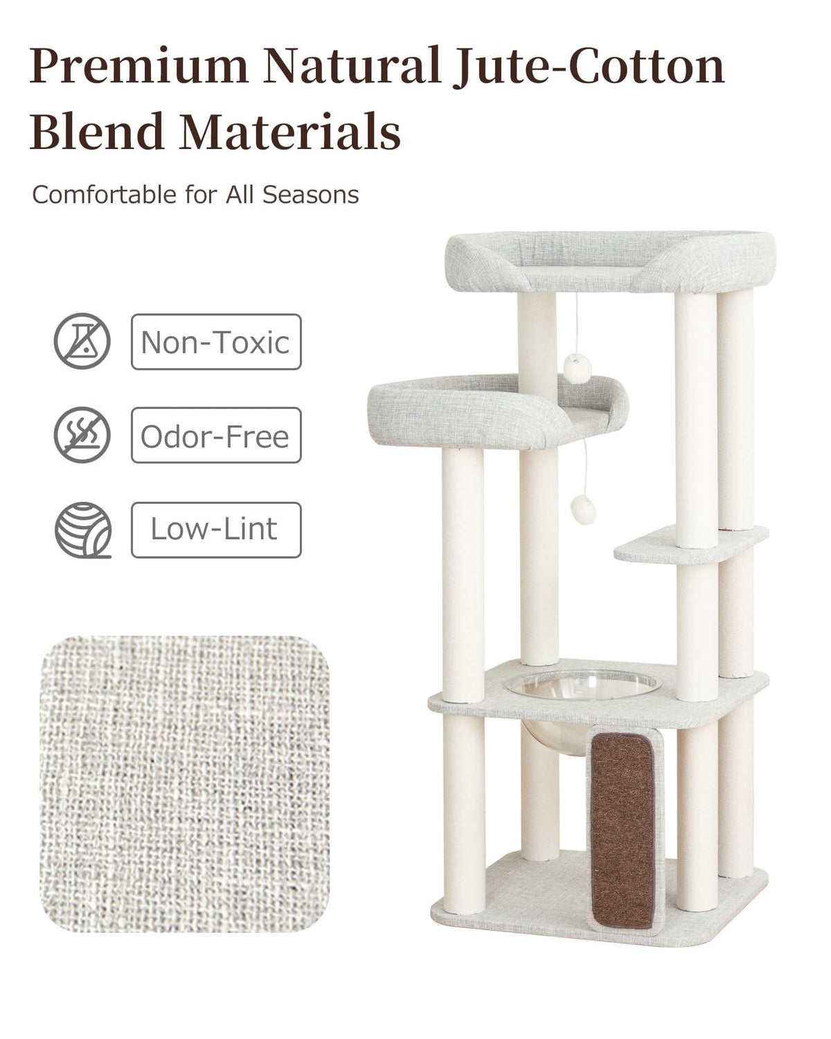 Cat Tree Tower Wooden 37.4''(95 cm), Large Cat Tree with Jump Platform &amp; Play Ball for Indoor Cats, Ideal Cat's Climbing Frame &amp; Playhouse (Linen Fabric Light Grey)