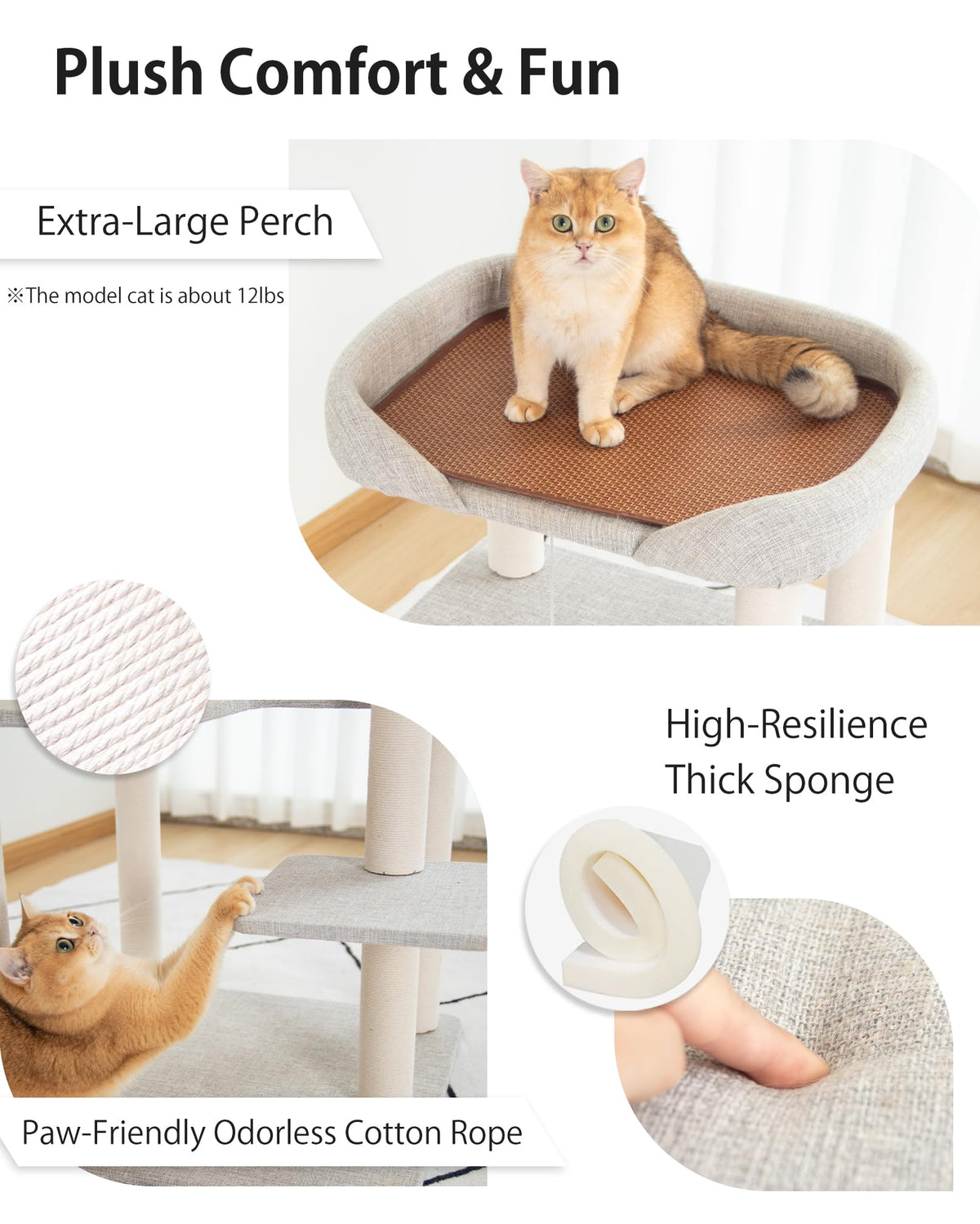 Cat Tree Tower Wooden 37.4''(95 cm), Large Cat Tree with Jump Platform &amp; Play Ball for Indoor Cats, Ideal Cat's Climbing Frame &amp; Playhouse (Linen Fabric Light Grey)