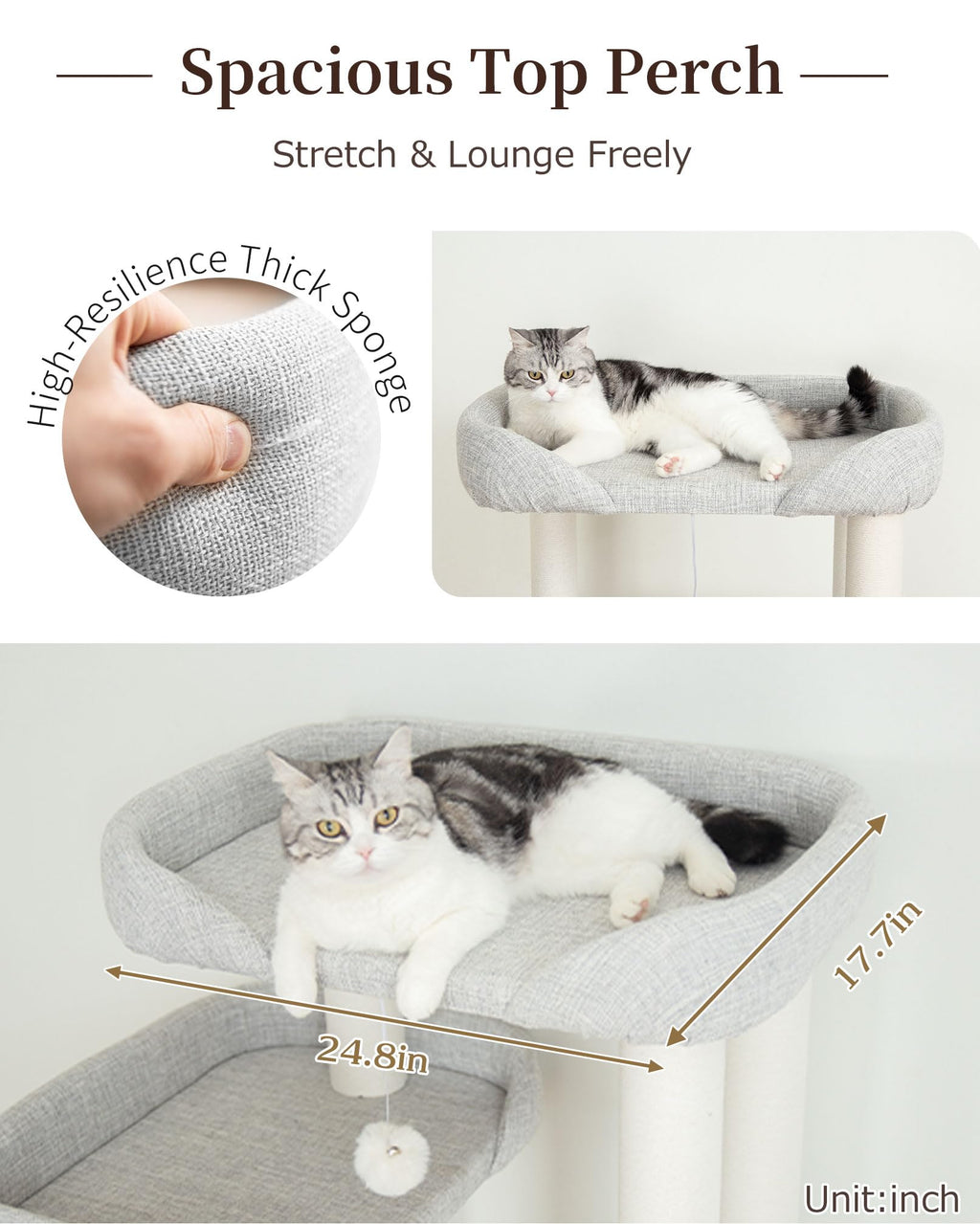 Cat Tree Tower Wooden 37.4''(95 cm), Large Cat Tree with Jump Platform &amp; Play Ball for Indoor Cats, Ideal Cat's Climbing Frame &amp; Playhouse (Linen Fabric Light Grey)