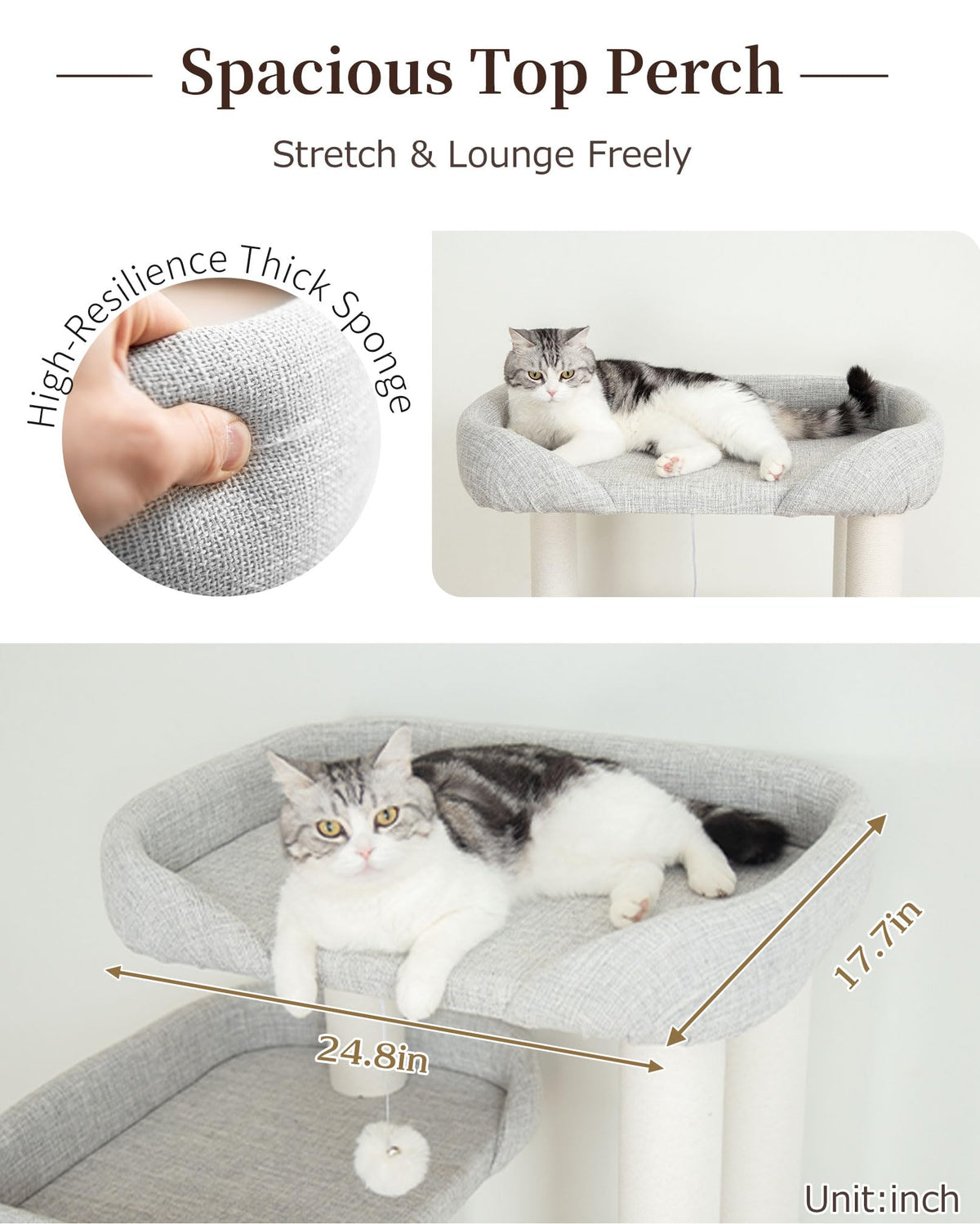 Cat Tree Tower Wooden 37.4''(95 cm), Large Cat Tree with Jump Platform &amp; Play Ball for Indoor Cats, Ideal Cat's Climbing Frame &amp; Playhouse (Linen Fabric Light Grey)