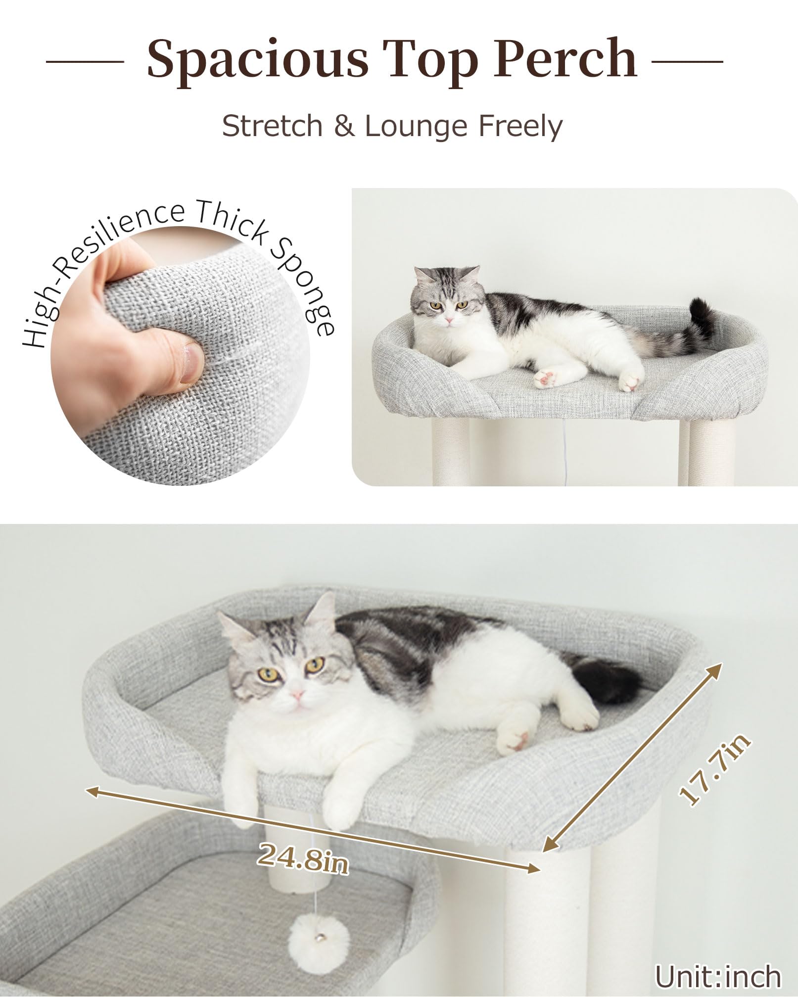 Cat Tree Tower Wooden 37.4''(95 cm), Large Cat Tree with Jump Platform &amp; Play Ball for Indoor Cats, Ideal Cat's Climbing Frame &amp; Playhouse (Linen Fabric Light Grey)