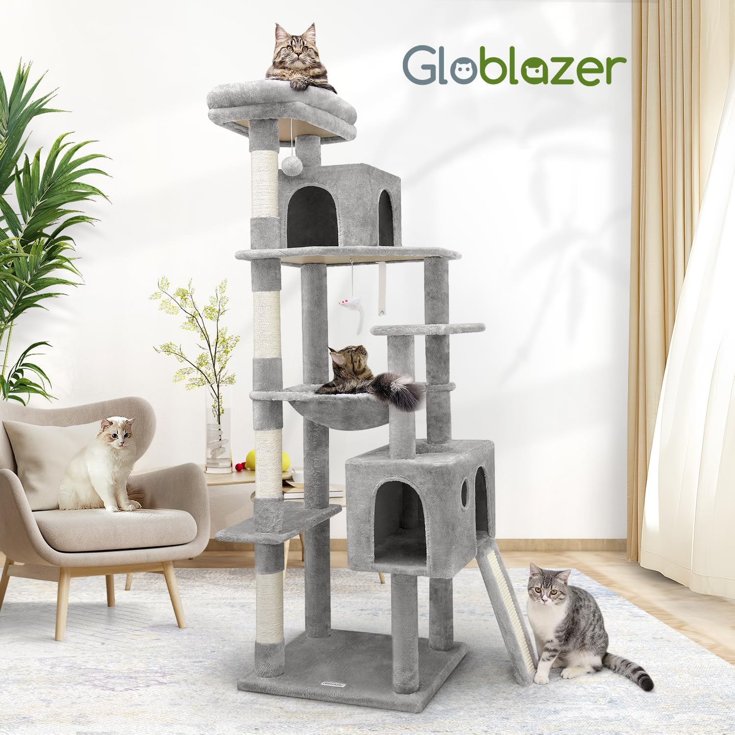 Heavy Duty Cat Tree, 70 inch Sturdy Cat Tree for Indoor Cats Extra Large Cat Tower with Scratching Post, Hammock, Cat Condo for Adult Cats Kittens, F70 Pro, Light Grey