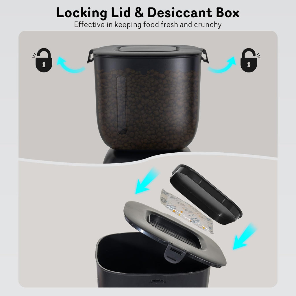 Automatic Cat Feeder and Water Dispenser FW1, Wire or Battery Cat Food Dispenser Timer Pet Feeder - Locking Lid, Desiccant Bag, Programmable Portion Control, 4 Daily Meals, 10s Voice Recorder