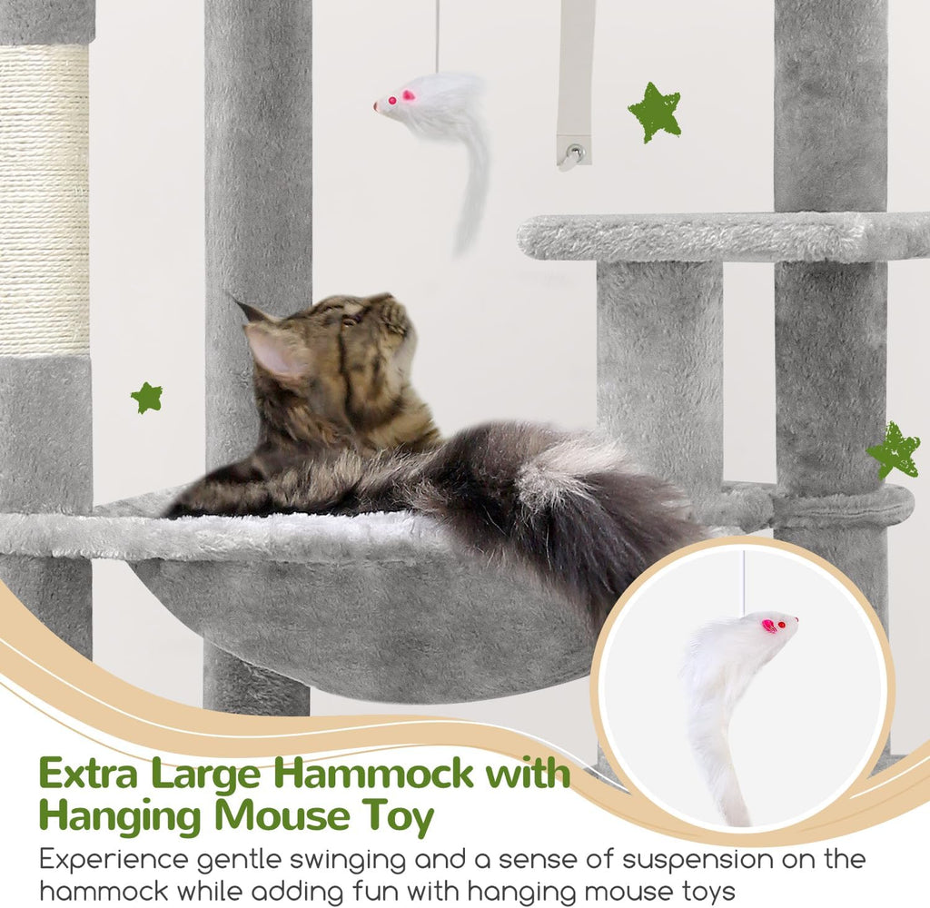 Heavy Duty Cat Tree, 70 inch Sturdy Cat Tree for Indoor Cats Extra Large Cat Tower with Scratching Post, Hammock, Cat Condo for Adult Cats Kittens, F70 Pro, Light Grey
