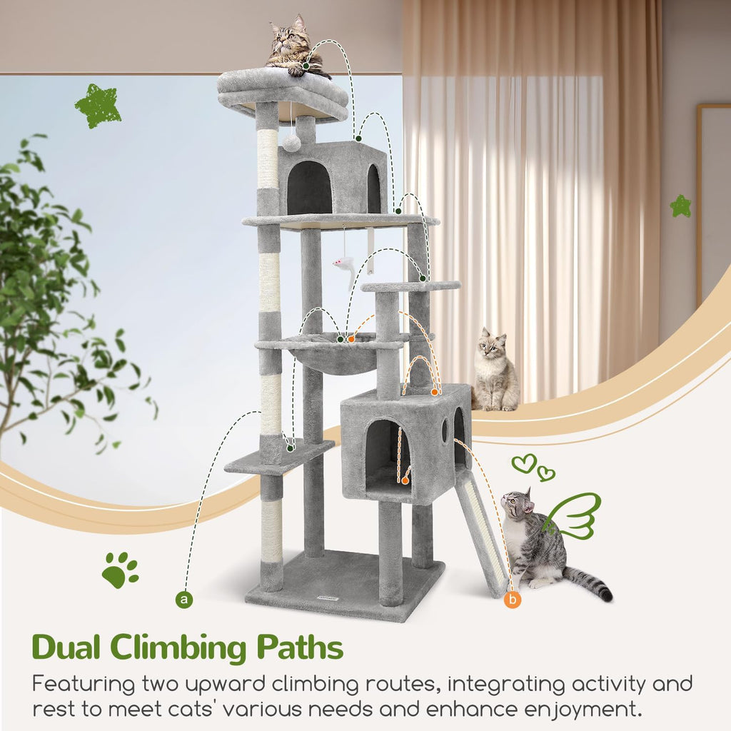 Heavy Duty Cat Tree, 70 inch Sturdy Cat Tree for Indoor Cats Extra Large Cat Tower with Scratching Post, Hammock, Cat Condo for Adult Cats Kittens, F70 Pro, Light Grey