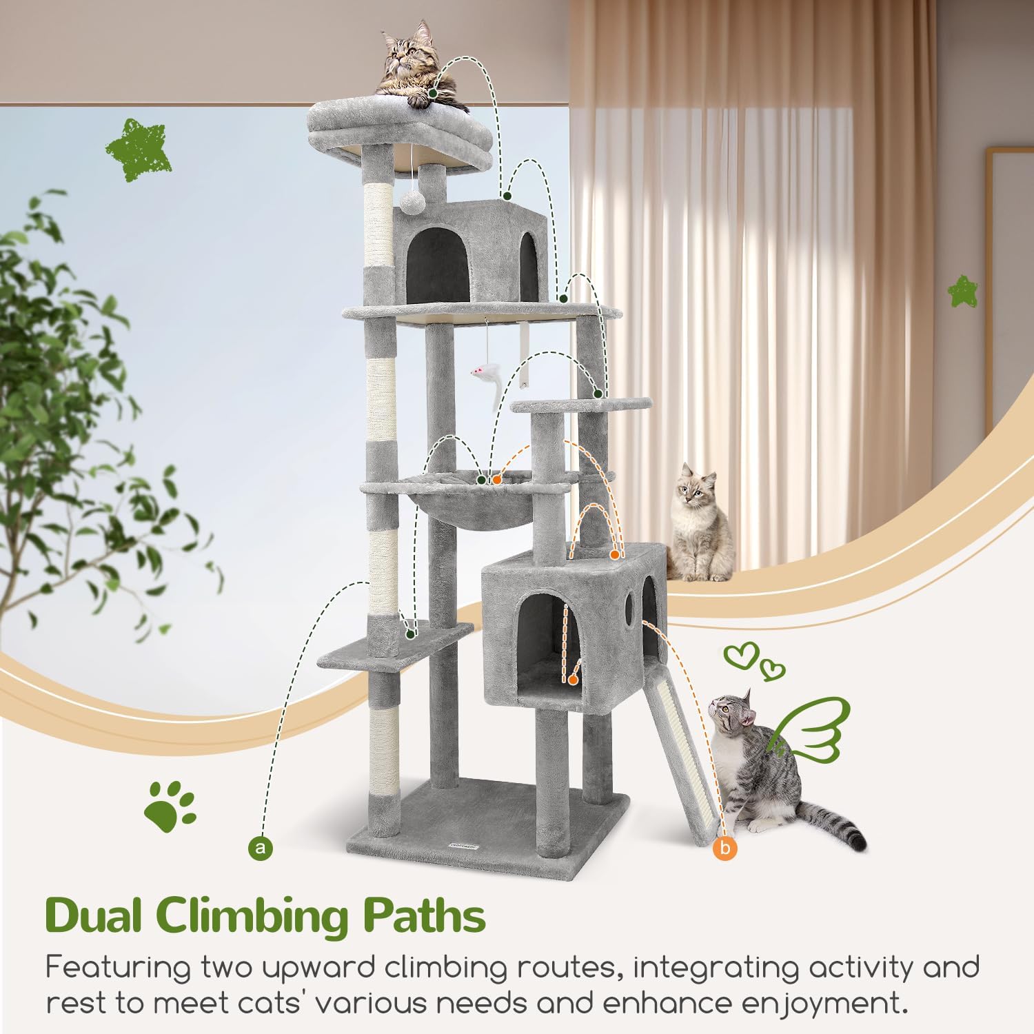 Heavy Duty Cat Tree, 70 inch Sturdy Cat Tree for Indoor Cats Extra Large Cat Tower with Scratching Post, Hammock, Cat Condo for Adult Cats Kittens, F70 Pro, Light Grey