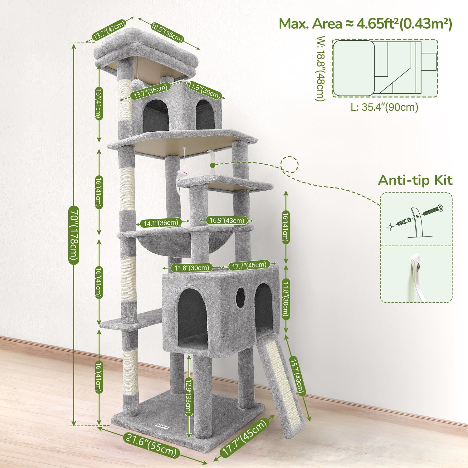 Heavy Duty Cat Tree, 70 inch Sturdy Cat Tree for Indoor Cats Extra Large Cat Tower with Scratching Post, Hammock, Cat Condo for Adult Cats Kittens, F70 Pro, Light Grey