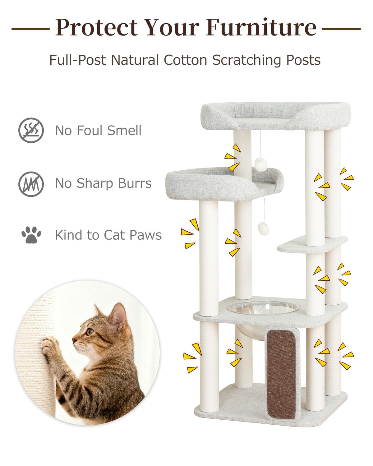 Cat Tree Tower Wooden 37.4''(95 cm), Large Cat Tree with Jump Platform &amp; Play Ball for Indoor Cats, Ideal Cat's Climbing Frame &amp; Playhouse (Linen Fabric Light Grey)