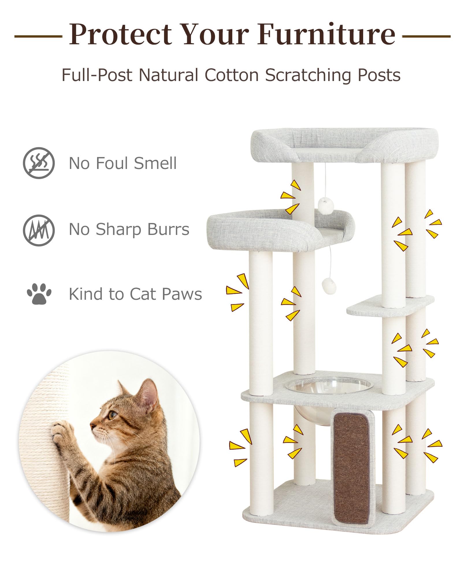 Cat Tree Tower Wooden 37.4''(95 cm), Large Cat Tree with Jump Platform &amp; Play Ball for Indoor Cats, Ideal Cat's Climbing Frame &amp; Playhouse (Linen Fabric Light Grey)