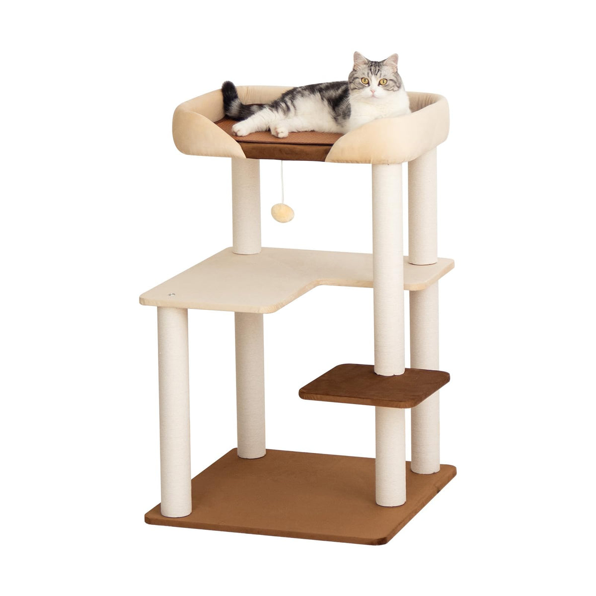 Cat Tree Tower Wooden 37.4''(95 cm), Large Cat Tree with Jump Platform &amp; Play Ball for Indoor Cats, Ideal Cat's Climbing Frame &amp; Playhouse (Linen Fabric Light Grey)