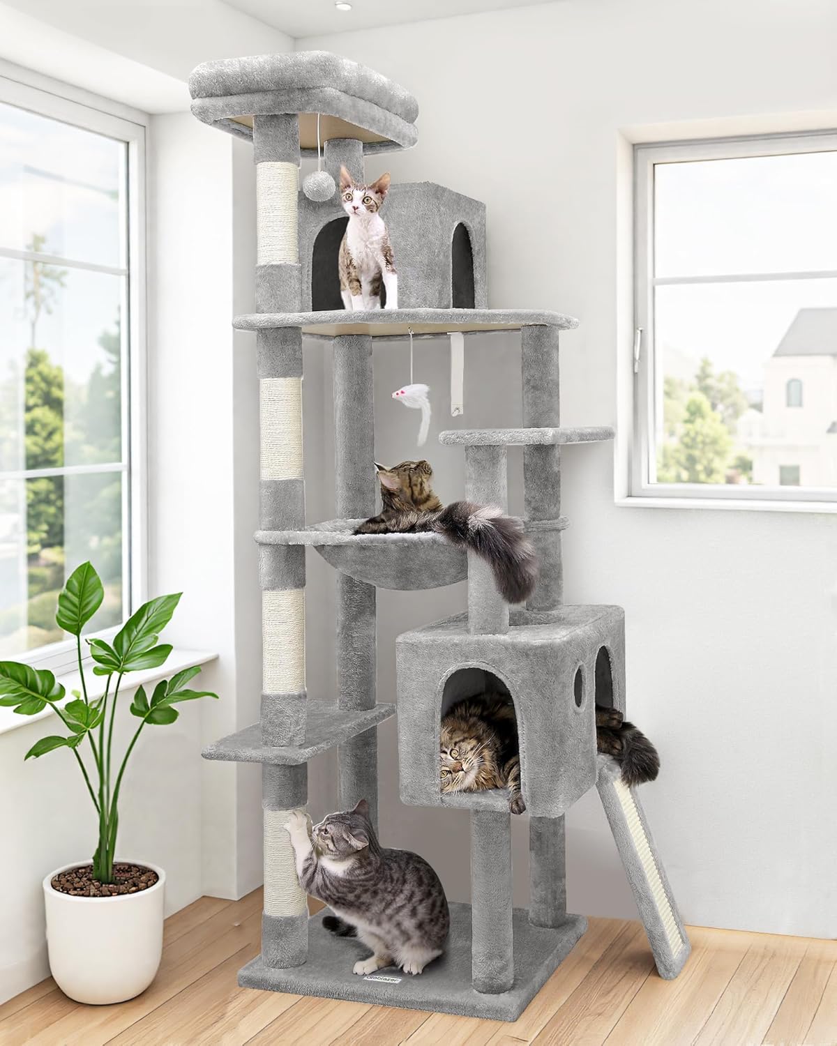Heavy Duty Cat Tree, 70 inch Sturdy Cat Tree for Indoor Cats Extra Large Cat Tower with Scratching Post, Hammock, Cat Condo for Adult Cats Kittens, F70 Pro, Light Grey
