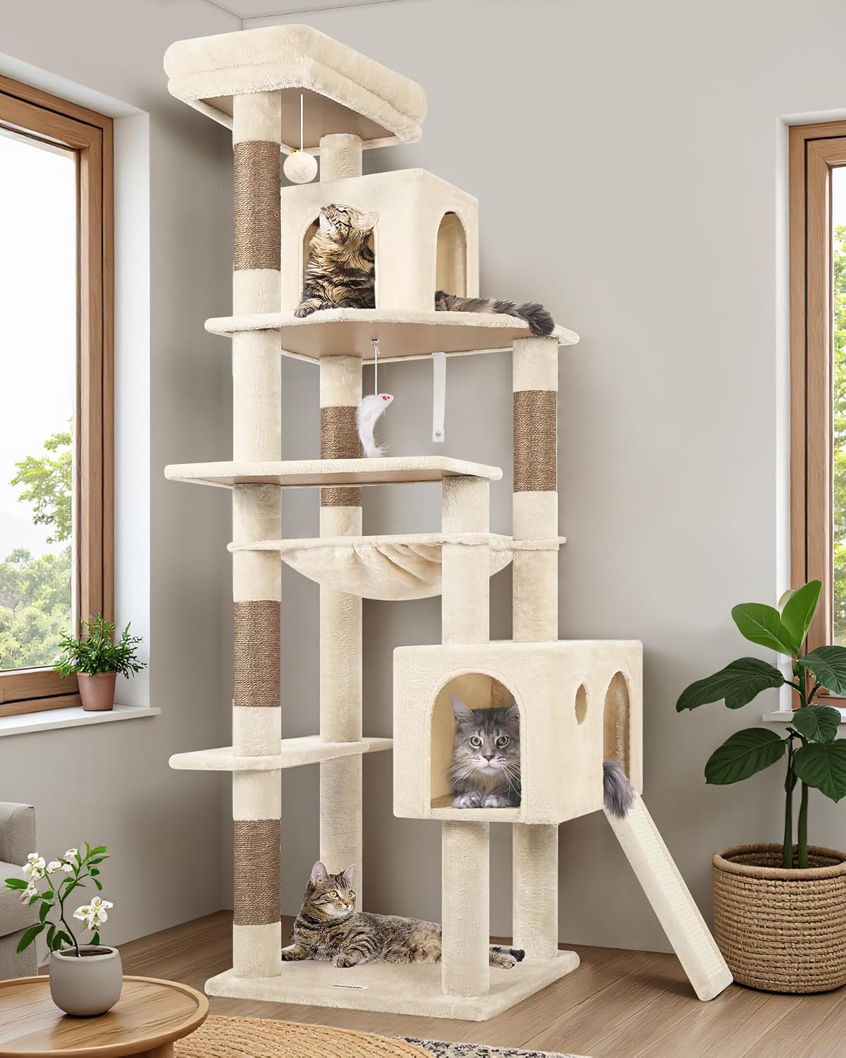 Heavy Duty Cat Tree, 70 inch Sturdy Cat Tree for Indoor Cats Extra Large Cat Tower with Scratching Post, Hammock, Cat Condo for Adult Cats Kittens, F70 Pro, Light Grey
