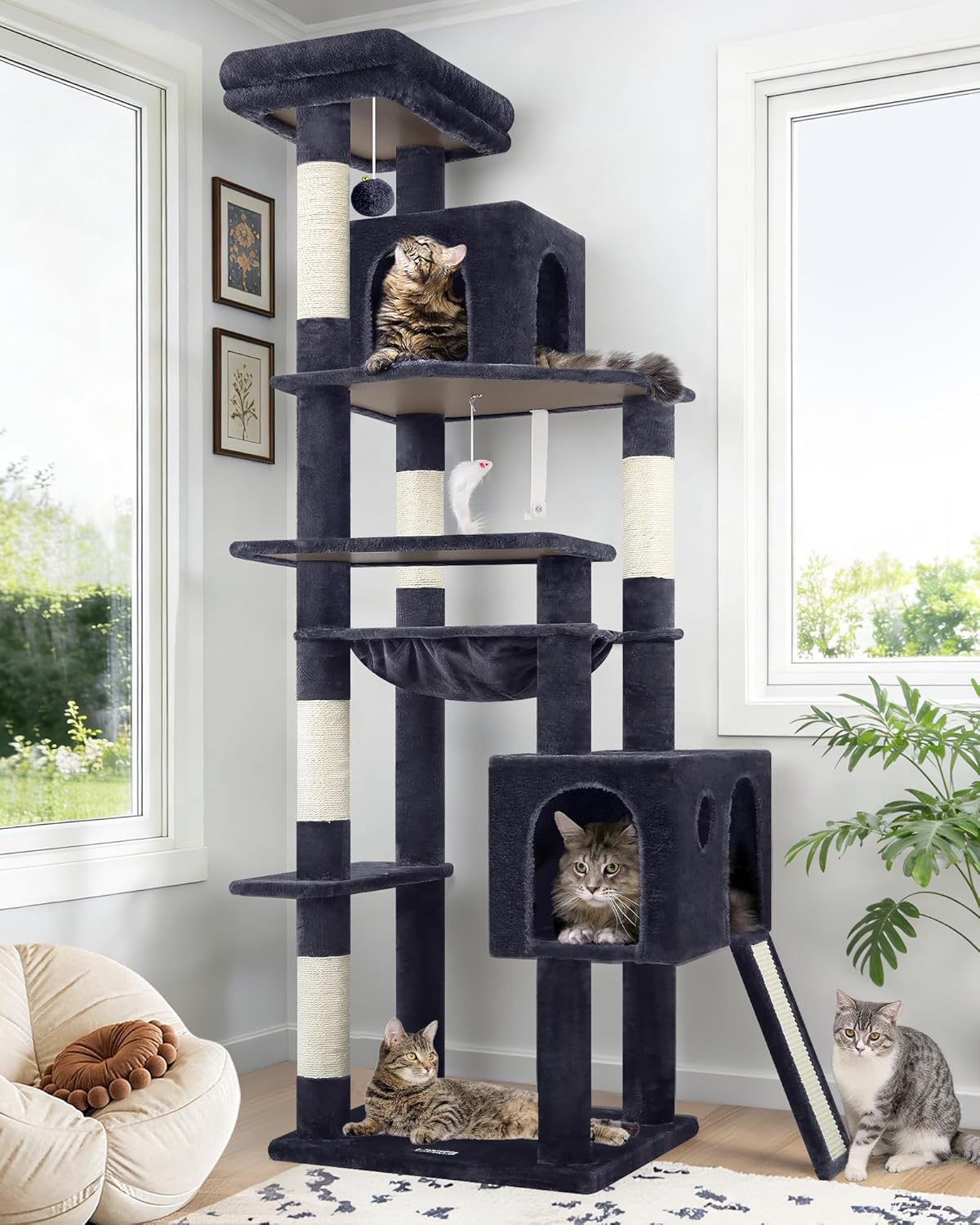 Heavy Duty Cat Tree, 70 inch Sturdy Cat Tree for Indoor Cats Extra Large Cat Tower with Scratching Post, Hammock, Cat Condo for Adult Cats Kittens, F70 Pro, Light Grey