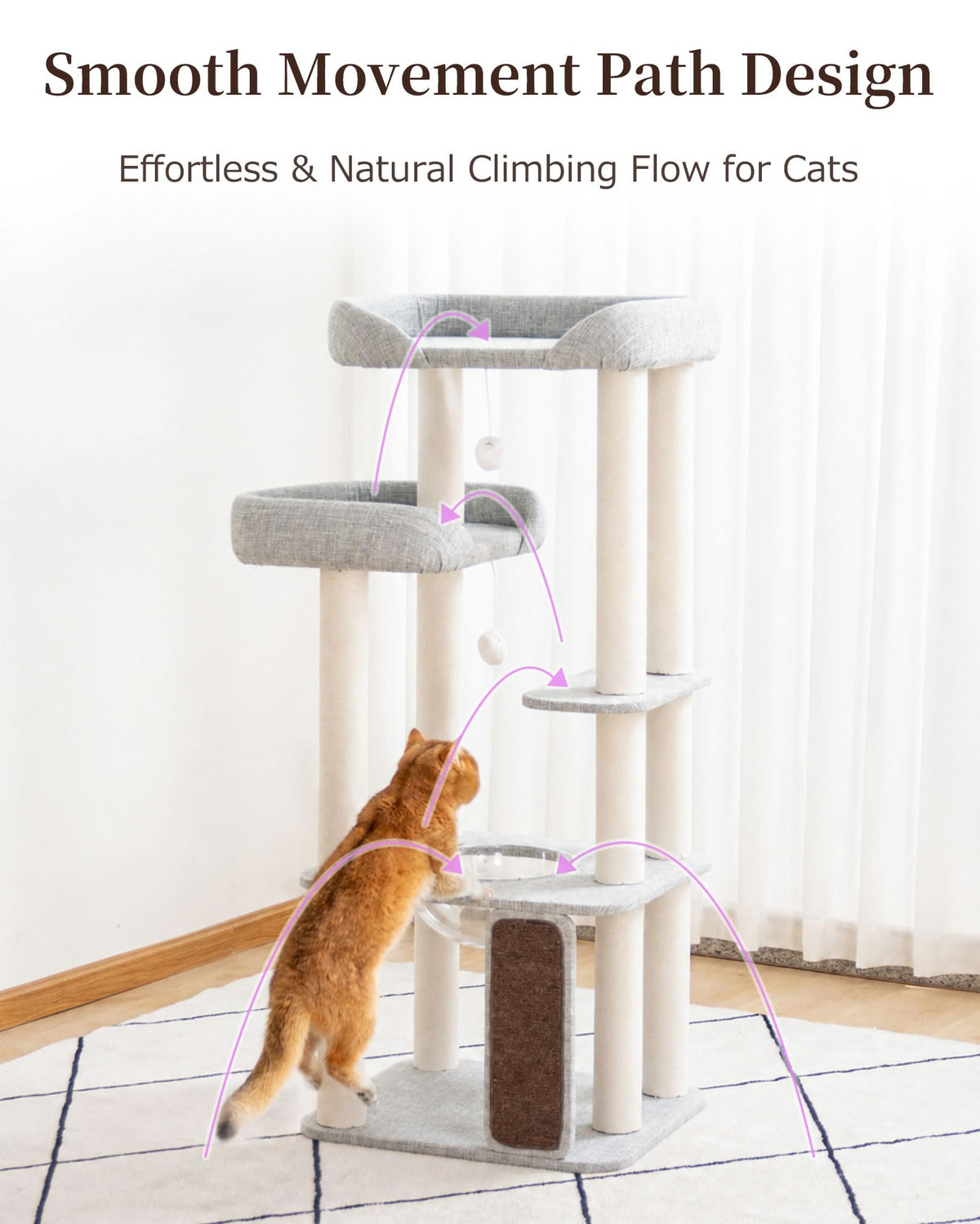 Cat Tree Tower Wooden 37.4''(95 cm), Large Cat Tree with Jump Platform &amp; Play Ball for Indoor Cats, Ideal Cat's Climbing Frame &amp; Playhouse (Linen Fabric Light Grey)