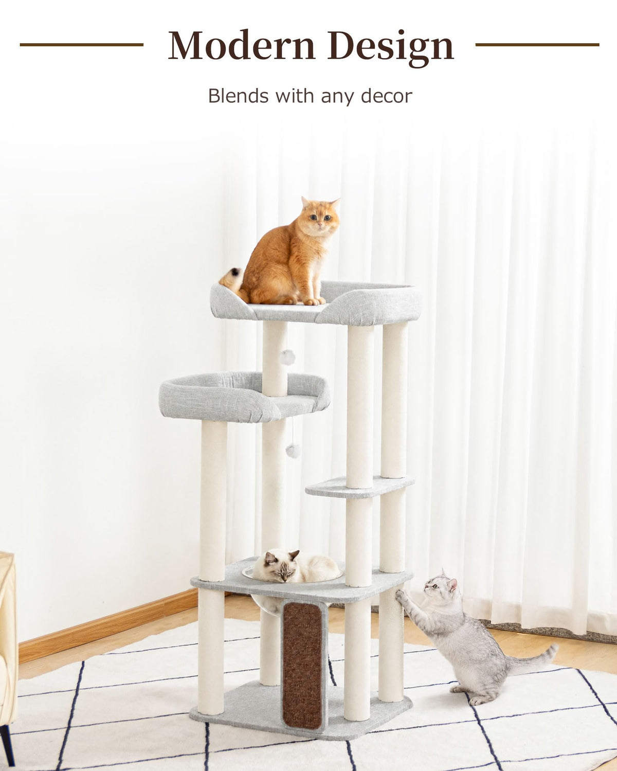Cat Tree Tower Wooden 37.4''(95 cm), Large Cat Tree with Jump Platform &amp; Play Ball for Indoor Cats, Ideal Cat's Climbing Frame &amp; Playhouse (Linen Fabric Light Grey)