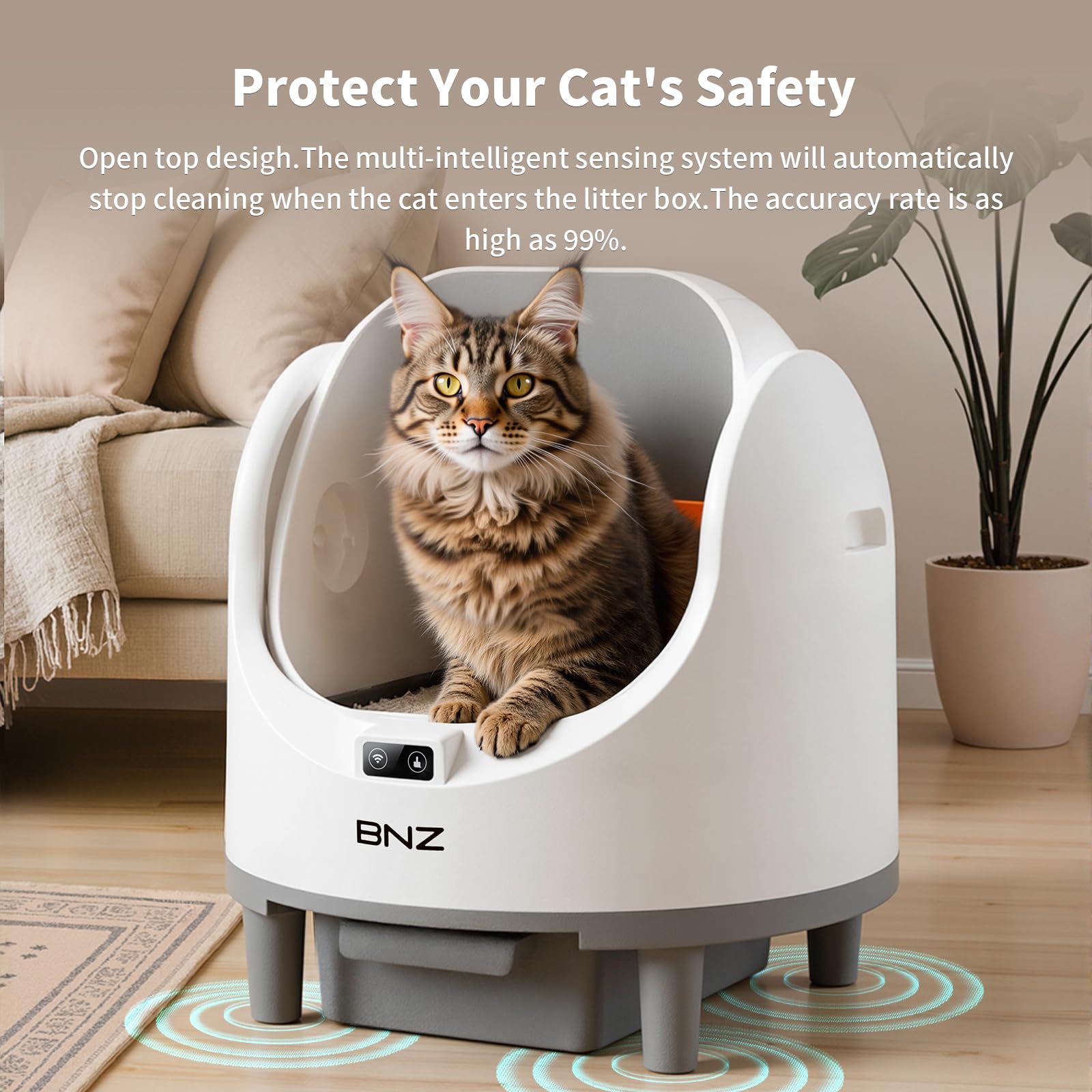 Self Cleaning Cat Litter Box for Multiple Cats,Automatic,Spacious Open Top,Weight Sensing Safety Design,Quite,Smart App Control,14 Days of Large Capacity,Easy to Use,with A Fan to Remove Odors,White