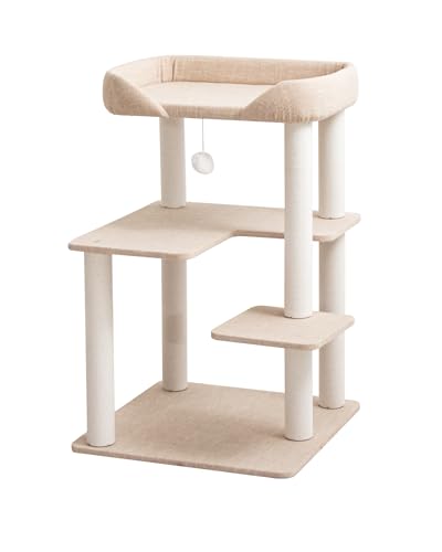 Cat Tree Tower Wooden 37.4''(95 cm), Large Cat Tree with Jump Platform &amp; Play Ball for Indoor Cats, Ideal Cat's Climbing Frame &amp; Playhouse (Linen Fabric Light Grey)