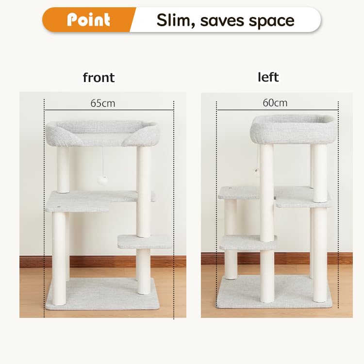 Cat Tree Tower Wooden 37.4''(95 cm), Large Cat Tree with Jump Platform &amp; Play Ball for Indoor Cats, Ideal Cat's Climbing Frame &amp; Playhouse (Linen Fabric Light Grey)