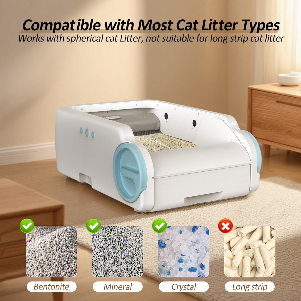 Self Cleaning Cat Litter Box, Open-Top Automatic Litter Box for Multiple Cats with App Control, Safety Sensors Protection, Odor Control Includes 2 Roll Waste Bin Liners and 1 Litter Mat, White