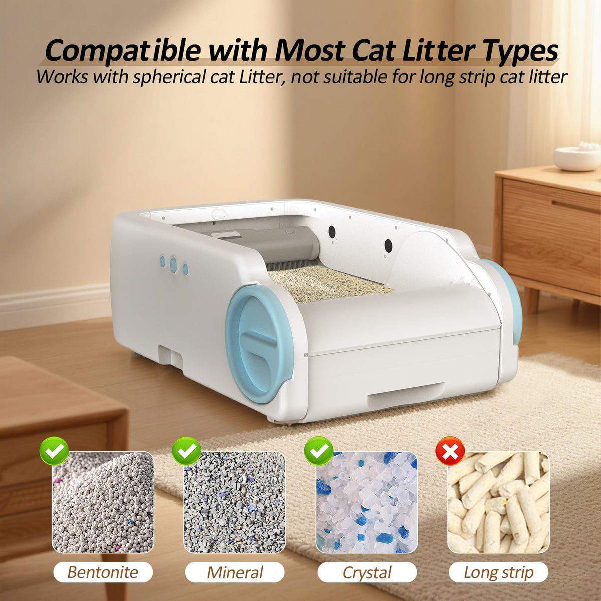 Self Cleaning Cat Litter Box, Open-Top Automatic Litter Box for Multiple Cats with App Control, Safety Sensors Protection, Odor Control Includes 2 Roll Waste Bin Liners and 1 Litter Mat, White