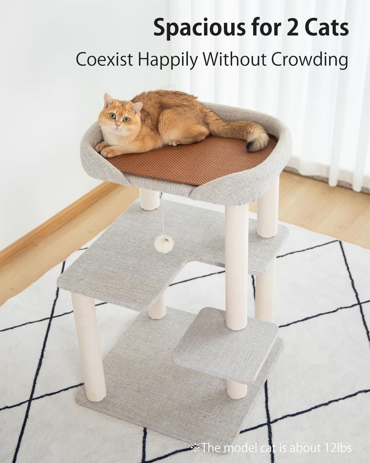 Cat Tree Tower Wooden 37.4''(95 cm), Large Cat Tree with Jump Platform &amp; Play Ball for Indoor Cats, Ideal Cat's Climbing Frame &amp; Playhouse (Linen Fabric Light Grey)