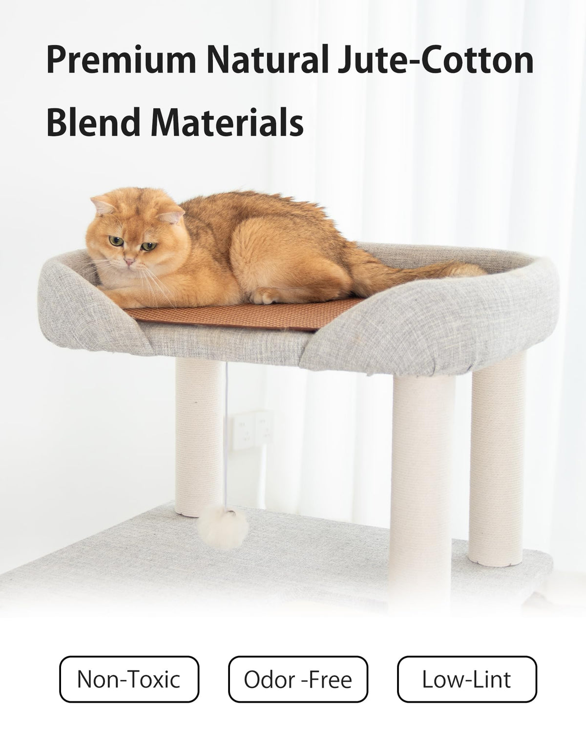 Cat Tree Tower Wooden 37.4''(95 cm), Large Cat Tree with Jump Platform &amp; Play Ball for Indoor Cats, Ideal Cat's Climbing Frame &amp; Playhouse (Linen Fabric Light Grey)