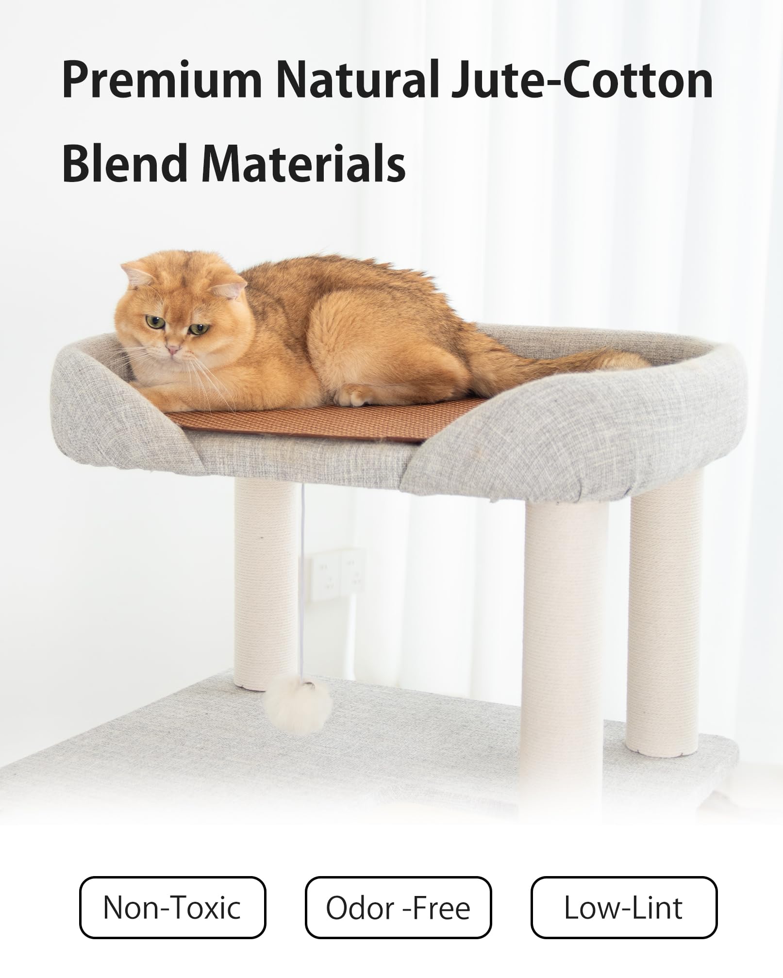 Cat Tree Tower Wooden 37.4''(95 cm), Large Cat Tree with Jump Platform &amp; Play Ball for Indoor Cats, Ideal Cat's Climbing Frame &amp; Playhouse (Linen Fabric Light Grey)