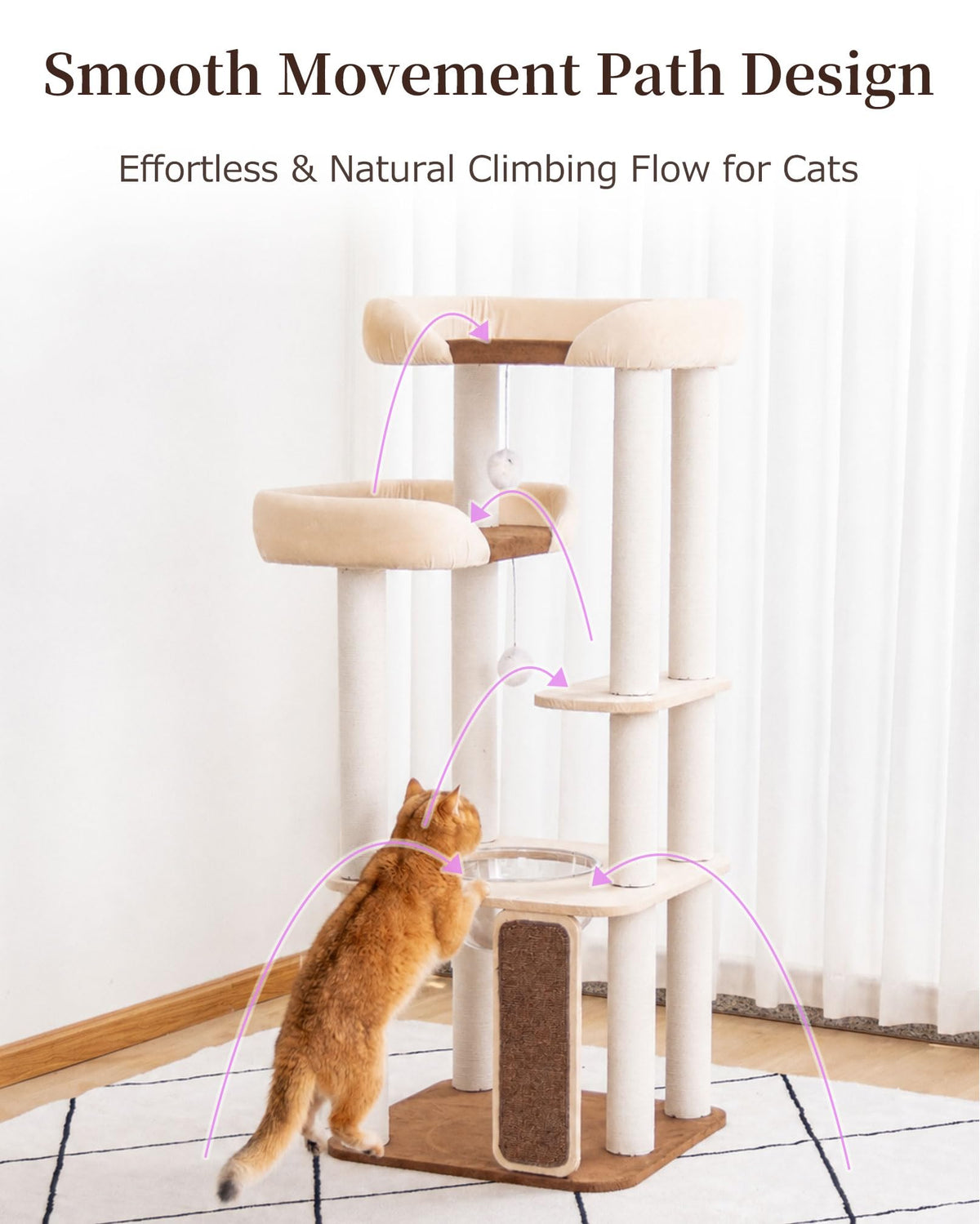Cat Tree Tower Wooden 37.4''(95 cm), Large Cat Tree with Jump Platform &amp; Play Ball for Indoor Cats, Ideal Cat's Climbing Frame &amp; Playhouse (Linen Fabric Light Grey)
