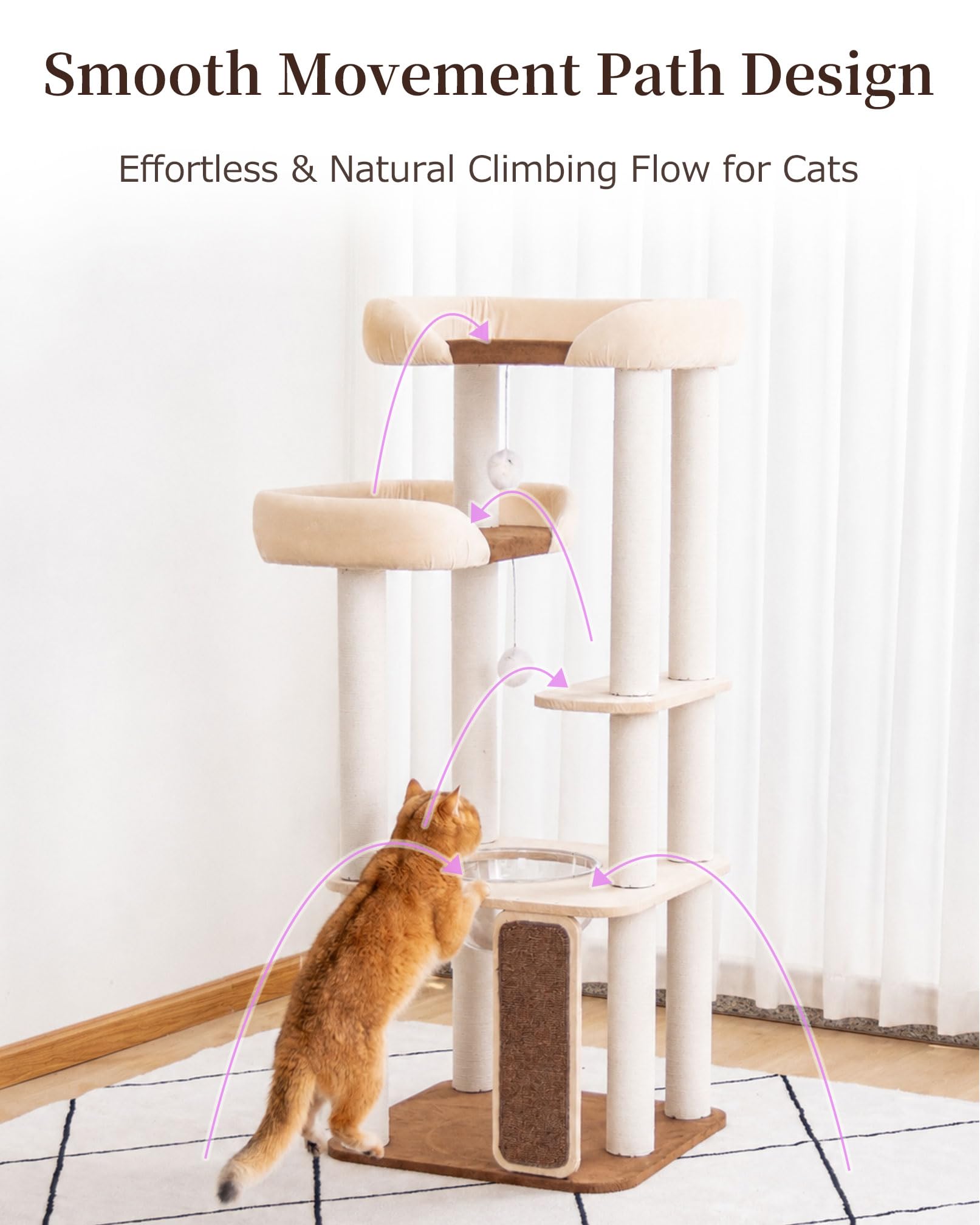 Cat Tree Tower Wooden 37.4''(95 cm), Large Cat Tree with Jump Platform &amp; Play Ball for Indoor Cats, Ideal Cat's Climbing Frame &amp; Playhouse (Linen Fabric Light Grey)
