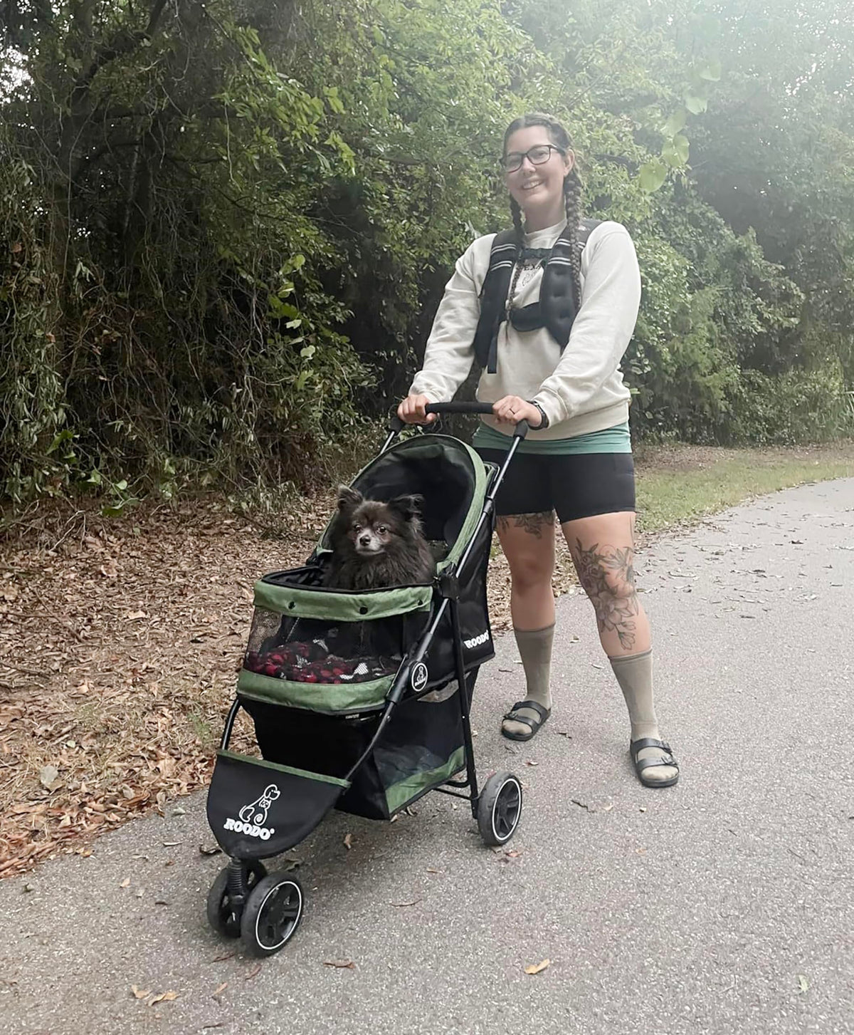 ROODO 3 Wheel Dog Pet Cat Stroller Best Lightweight Foldable Compact Portable Jogger All Terrain Travel Pet Gear Puppy Kitty Stroller for up to 30lbs Medium Small Dogs and Cats(Light Khaki)