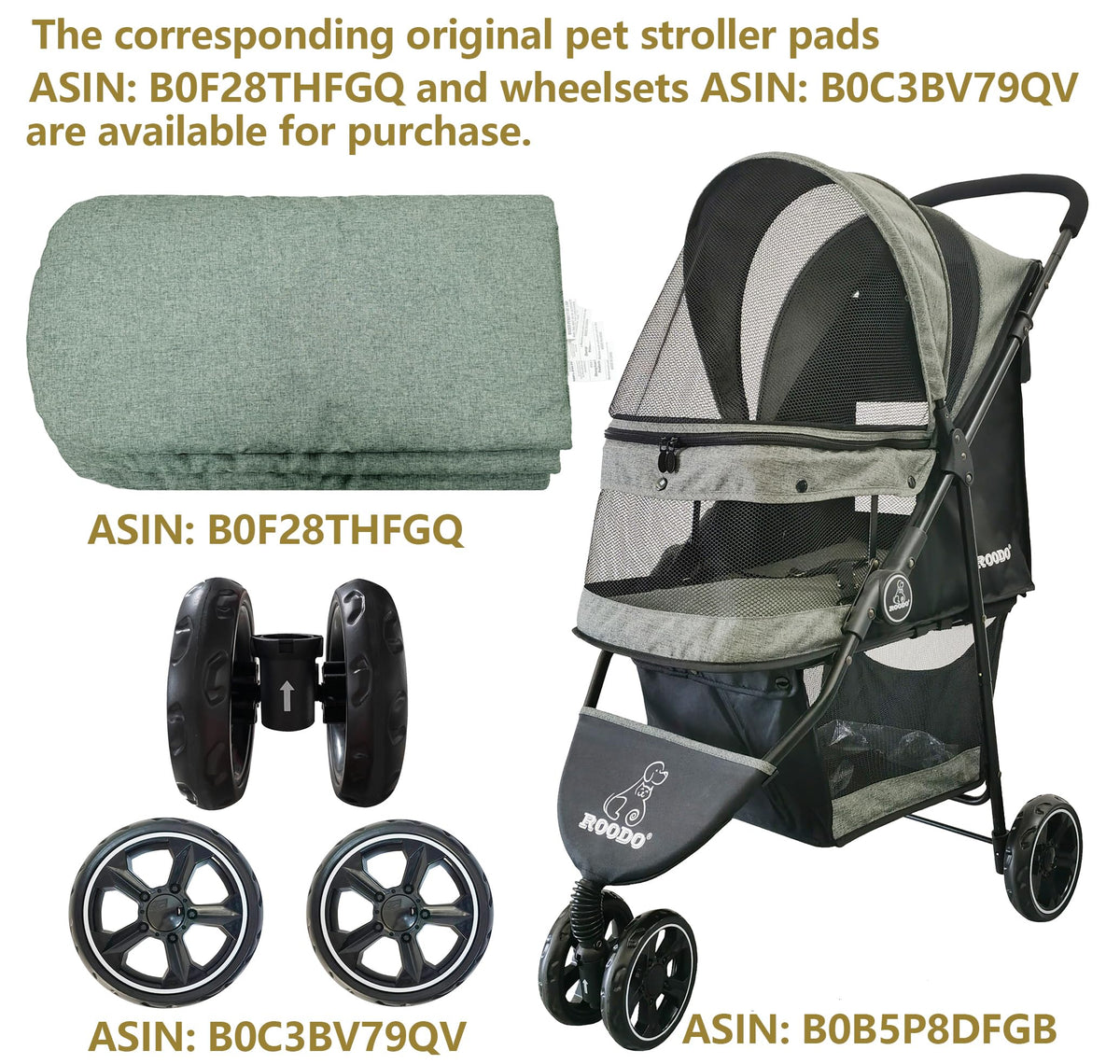 ROODO 3 Wheel Dog Pet Cat Stroller Best Lightweight Foldable Compact Portable Jogger All Terrain Travel Pet Gear Puppy Kitty Stroller for up to 30lbs Medium Small Dogs and Cats(Light Khaki)