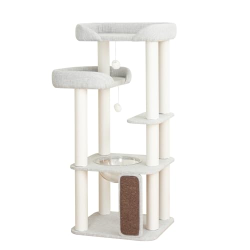 Cat Tree Tower Wooden 37.4''(95 cm), Large Cat Tree with Jump Platform &amp; Play Ball for Indoor Cats, Ideal Cat's Climbing Frame &amp; Playhouse (Linen Fabric Light Grey)