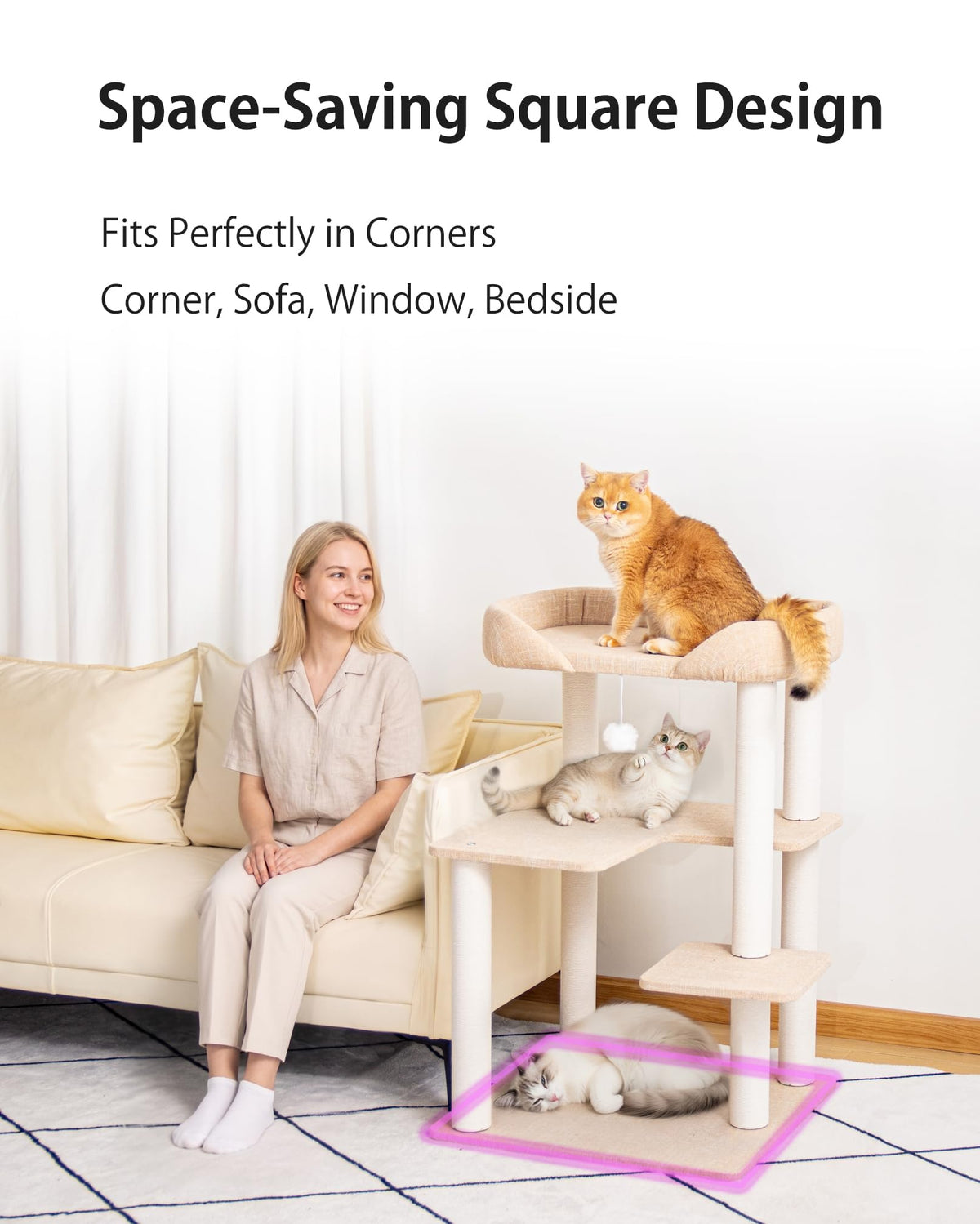 Cat Tree Tower Wooden 37.4''(95 cm), Large Cat Tree with Jump Platform &amp; Play Ball for Indoor Cats, Ideal Cat's Climbing Frame &amp; Playhouse (Linen Fabric Light Grey)