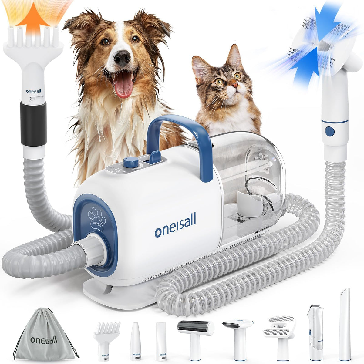 oneisall Dog Vacuum &amp; Dryer for Shedding Grooming, 8 in 1 Dog Grooming Kit with Metal Blade Pet Clippers, Adjustable Speed and Temperature Control Blower
