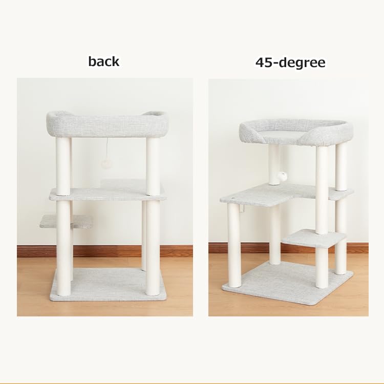 Cat Tree Tower Wooden 37.4''(95 cm), Large Cat Tree with Jump Platform &amp; Play Ball for Indoor Cats, Ideal Cat's Climbing Frame &amp; Playhouse (Linen Fabric Light Grey)