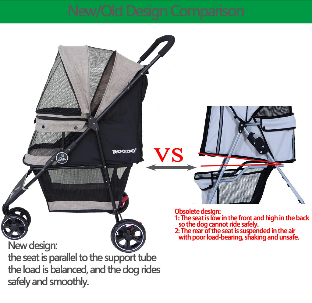 ROODO 3 Wheel Dog Pet Cat Stroller Best Lightweight Foldable Compact Portable Jogger All Terrain Travel Pet Gear Puppy Kitty Stroller for up to 30lbs Medium Small Dogs and Cats(Light Khaki)