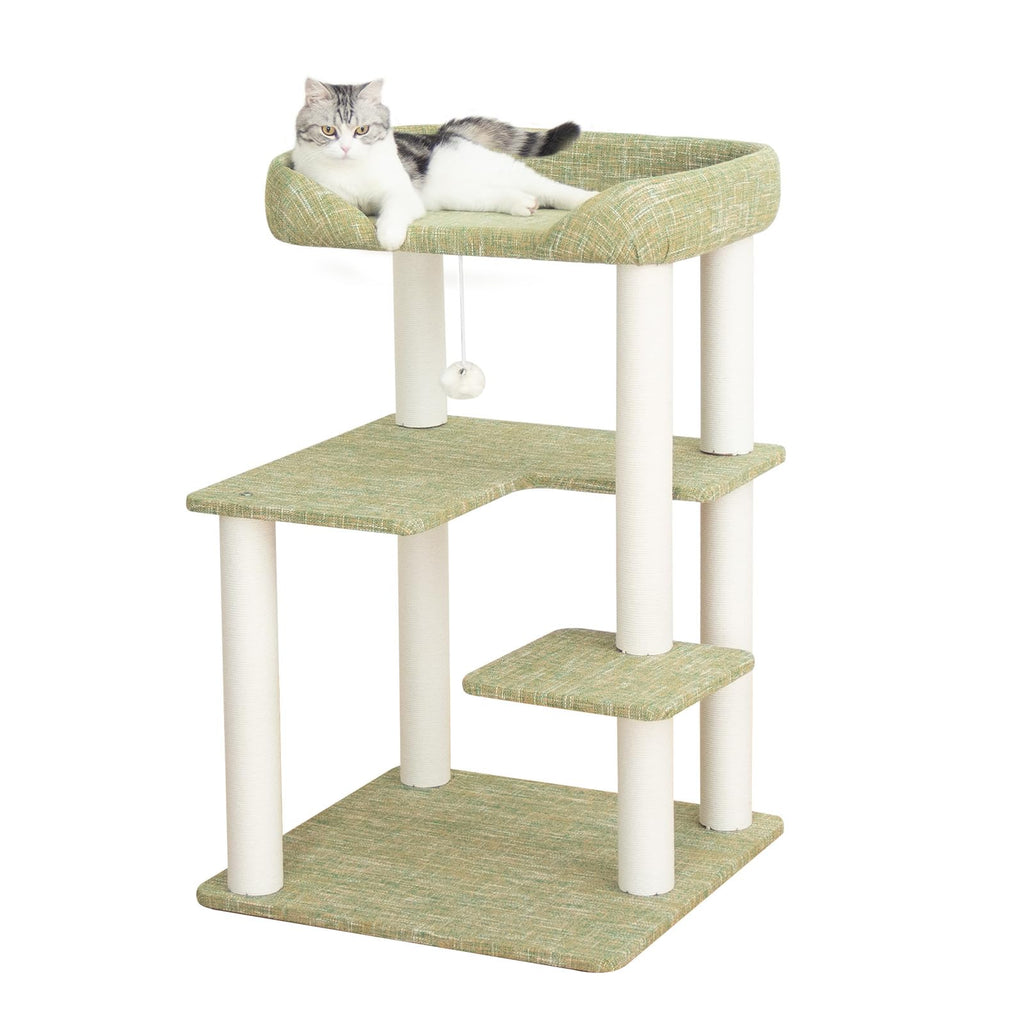 Cat Tree Tower Wooden 37.4''(95 cm), Large Cat Tree with Jump Platform &amp; Play Ball for Indoor Cats, Ideal Cat's Climbing Frame &amp; Playhouse (Linen Fabric Light Grey)