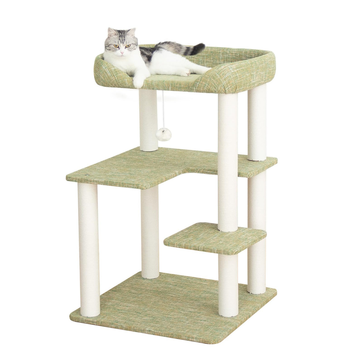 Cat Tree Tower Wooden 37.4''(95 cm), Large Cat Tree with Jump Platform &amp; Play Ball for Indoor Cats, Ideal Cat's Climbing Frame &amp; Playhouse (Linen Fabric Light Grey)