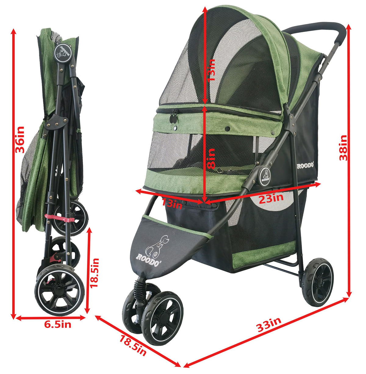 ROODO 3 Wheel Dog Pet Cat Stroller Best Lightweight Foldable Compact Portable Jogger All Terrain Travel Pet Gear Puppy Kitty Stroller for up to 30lbs Medium Small Dogs and Cats(Light Khaki)
