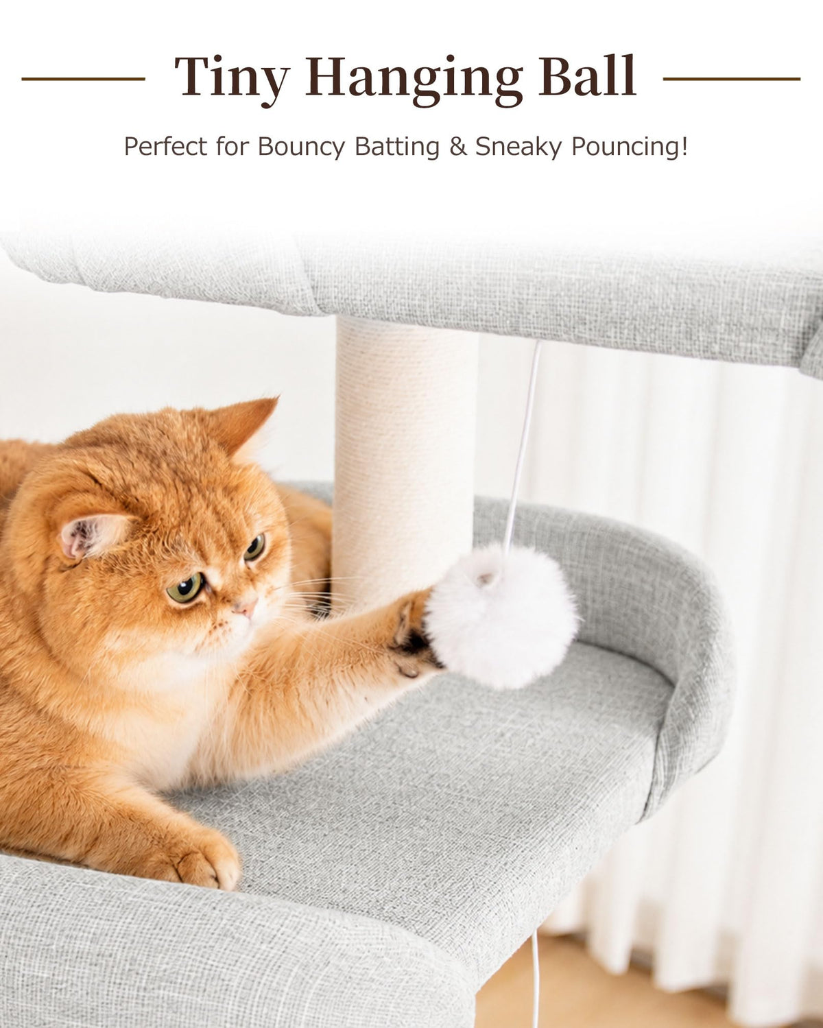 Cat Tree Tower Wooden 37.4''(95 cm), Large Cat Tree with Jump Platform &amp; Play Ball for Indoor Cats, Ideal Cat's Climbing Frame &amp; Playhouse (Linen Fabric Light Grey)