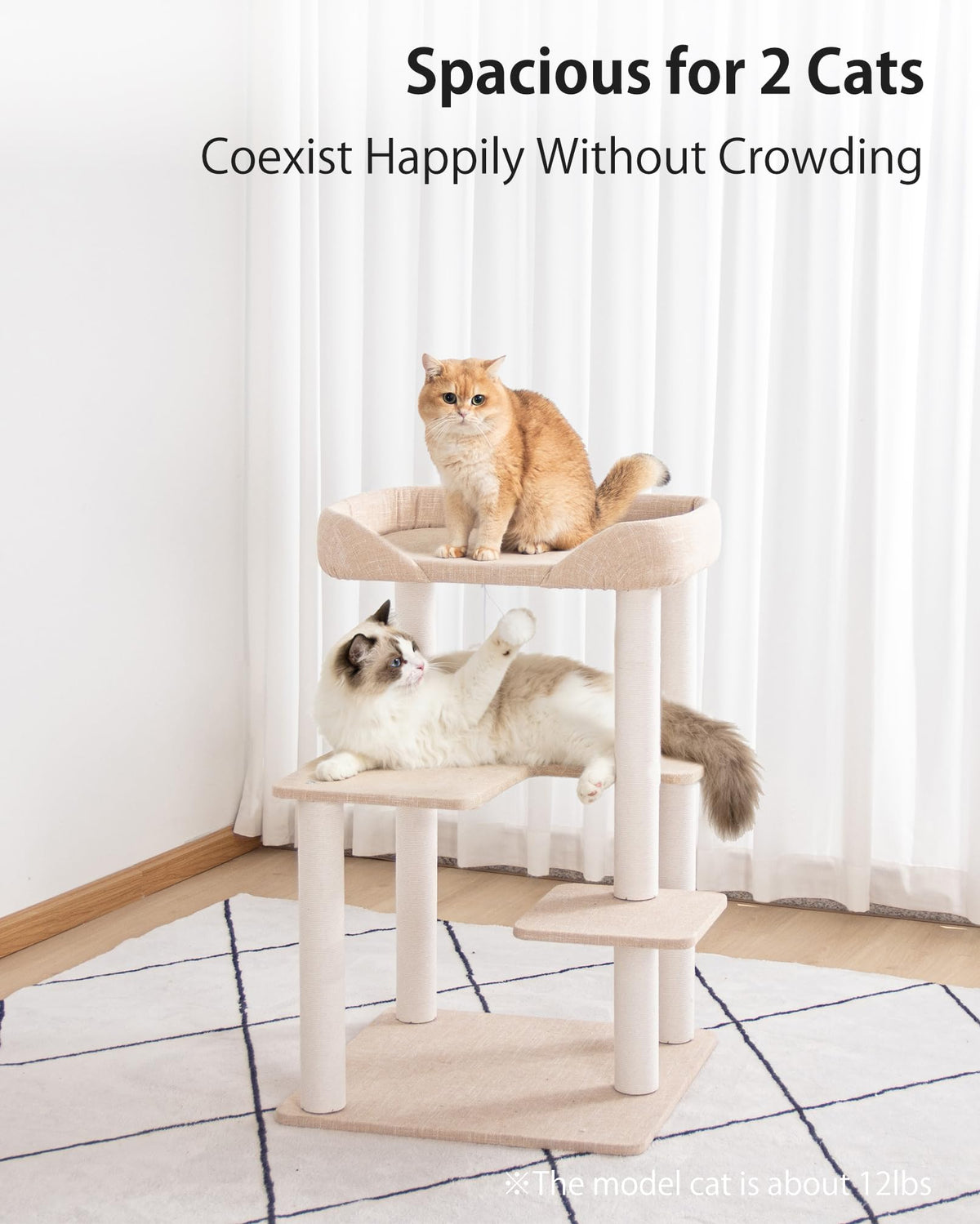 Cat Tree Tower Wooden 37.4''(95 cm), Large Cat Tree with Jump Platform &amp; Play Ball for Indoor Cats, Ideal Cat's Climbing Frame &amp; Playhouse (Linen Fabric Light Grey)