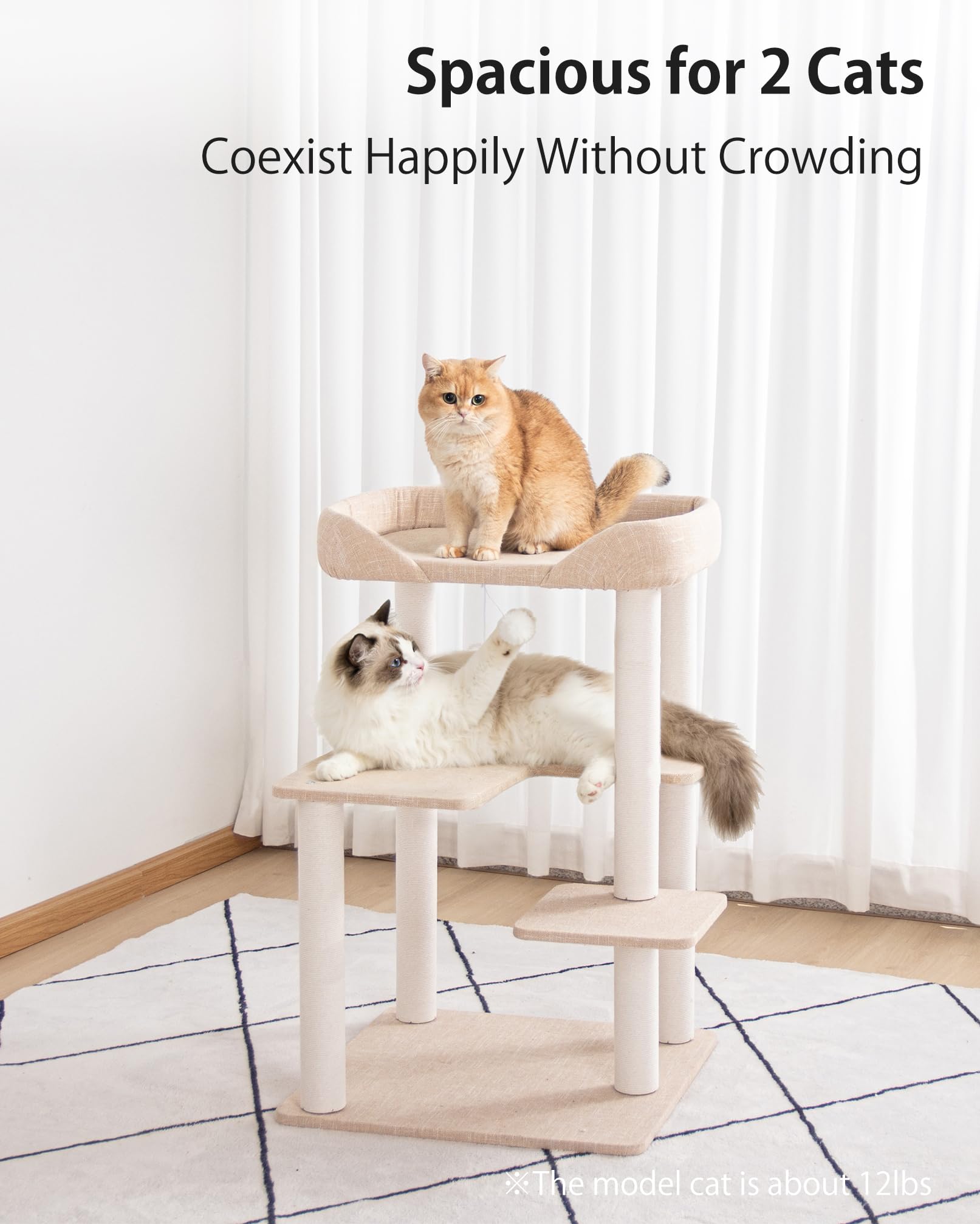 Cat Tree Tower Wooden 37.4''(95 cm), Large Cat Tree with Jump Platform &amp; Play Ball for Indoor Cats, Ideal Cat's Climbing Frame &amp; Playhouse (Linen Fabric Light Grey)