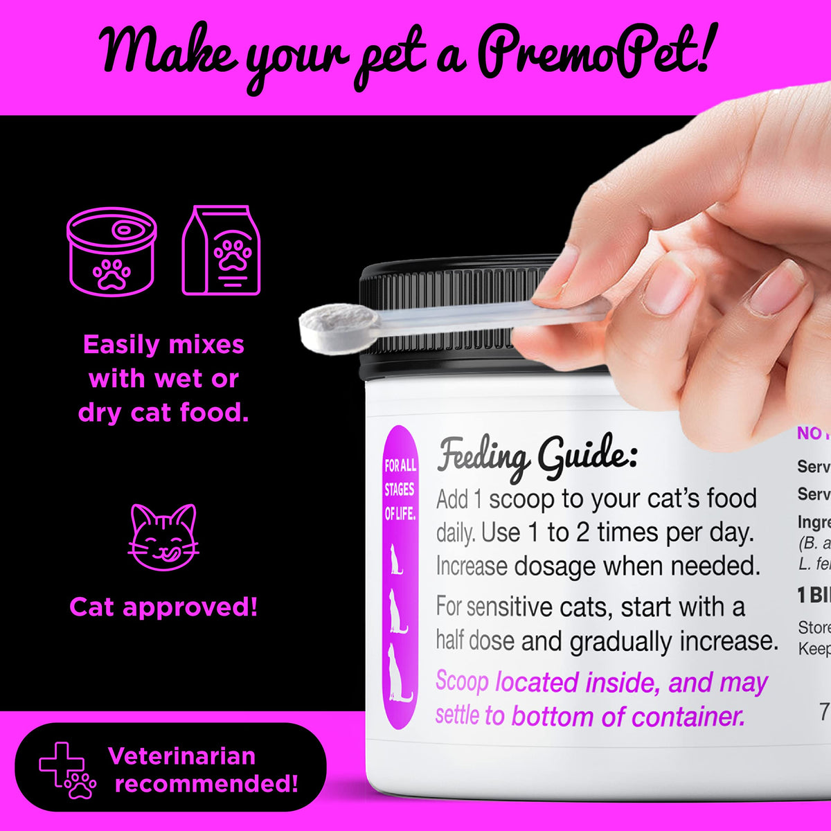 PROBIOTIC for Cats – 120 Servings - Premo Pet – Digestive Aid Plus Prebiotics - Best for Diarrhea, Vomiting, Gas, Skin Conditions – Tasteless – Wheat &amp; Dairy Free – GMP – Vet Approved
